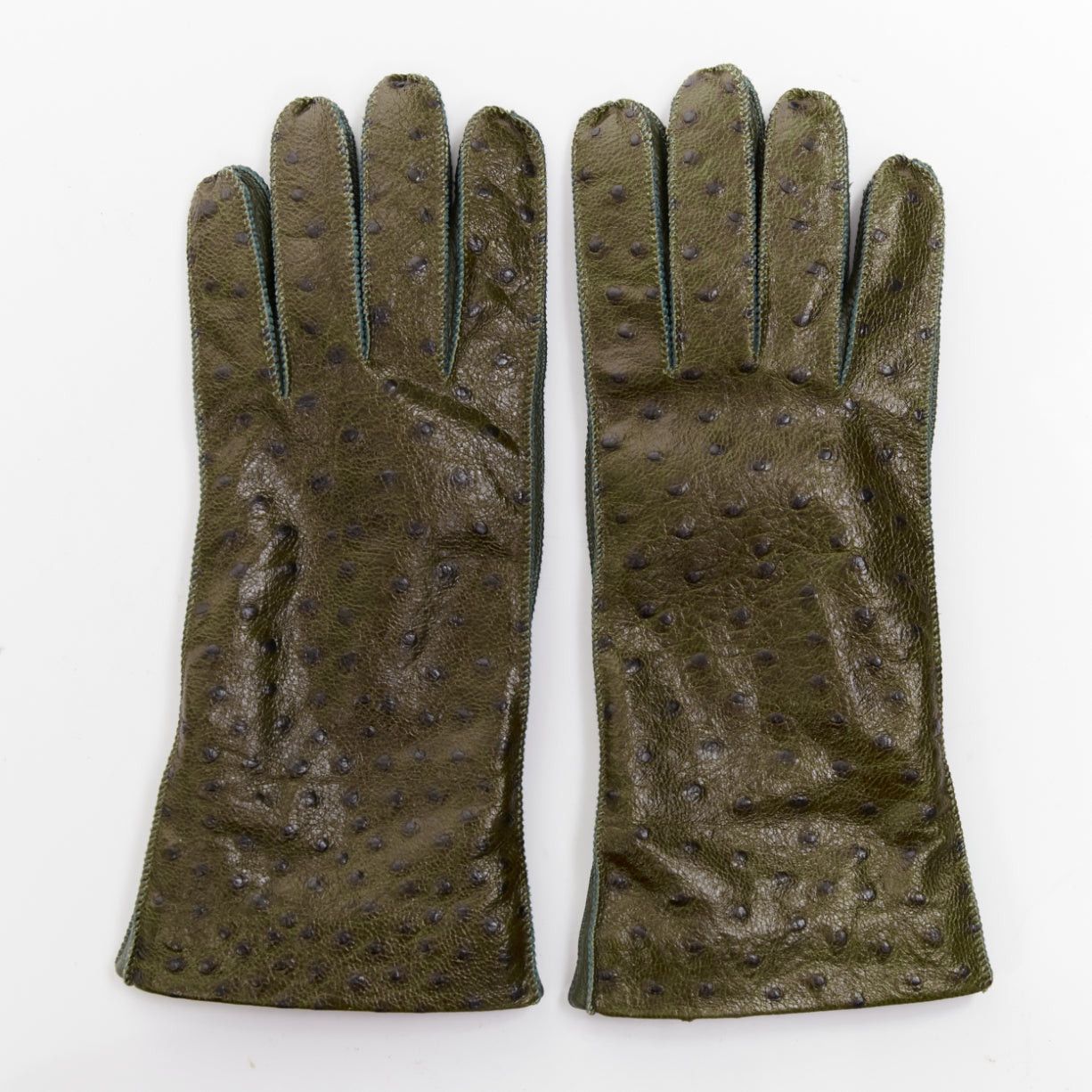 Bottega Veneta BOTTEGA VENETA dark green ostrich-effect buffed goatskin cashmere lined gloves Sz.8 Size ONE SIZE - 1 Thumbnail