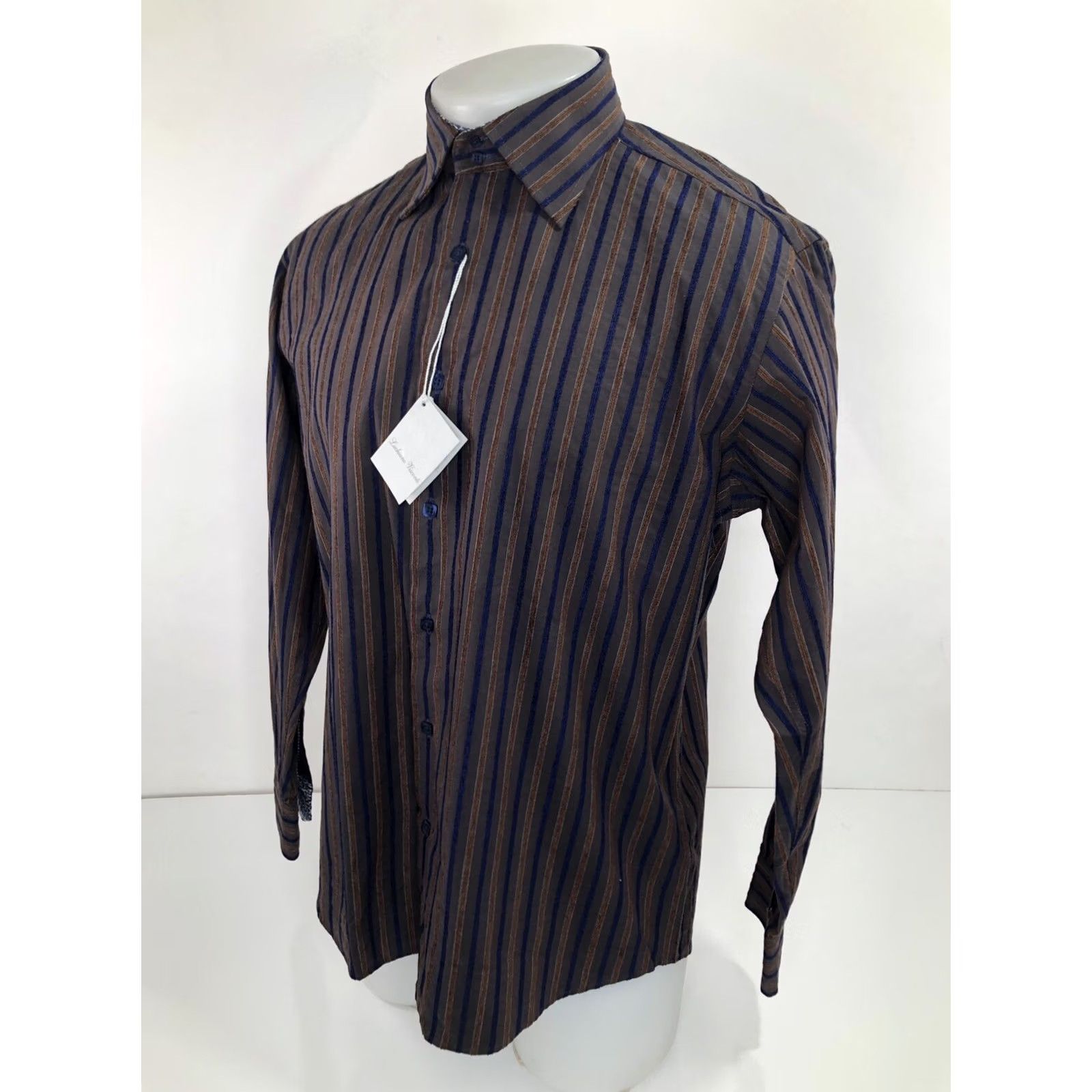 Vintage Visconti Uomo Shirt Striped Button-Up Long Sleeve Md. M Brown / Blue / Copper Textured Flip Cuff Mens Shirt Size US M / EU 48-50 / 2 - 3 Thumbnail