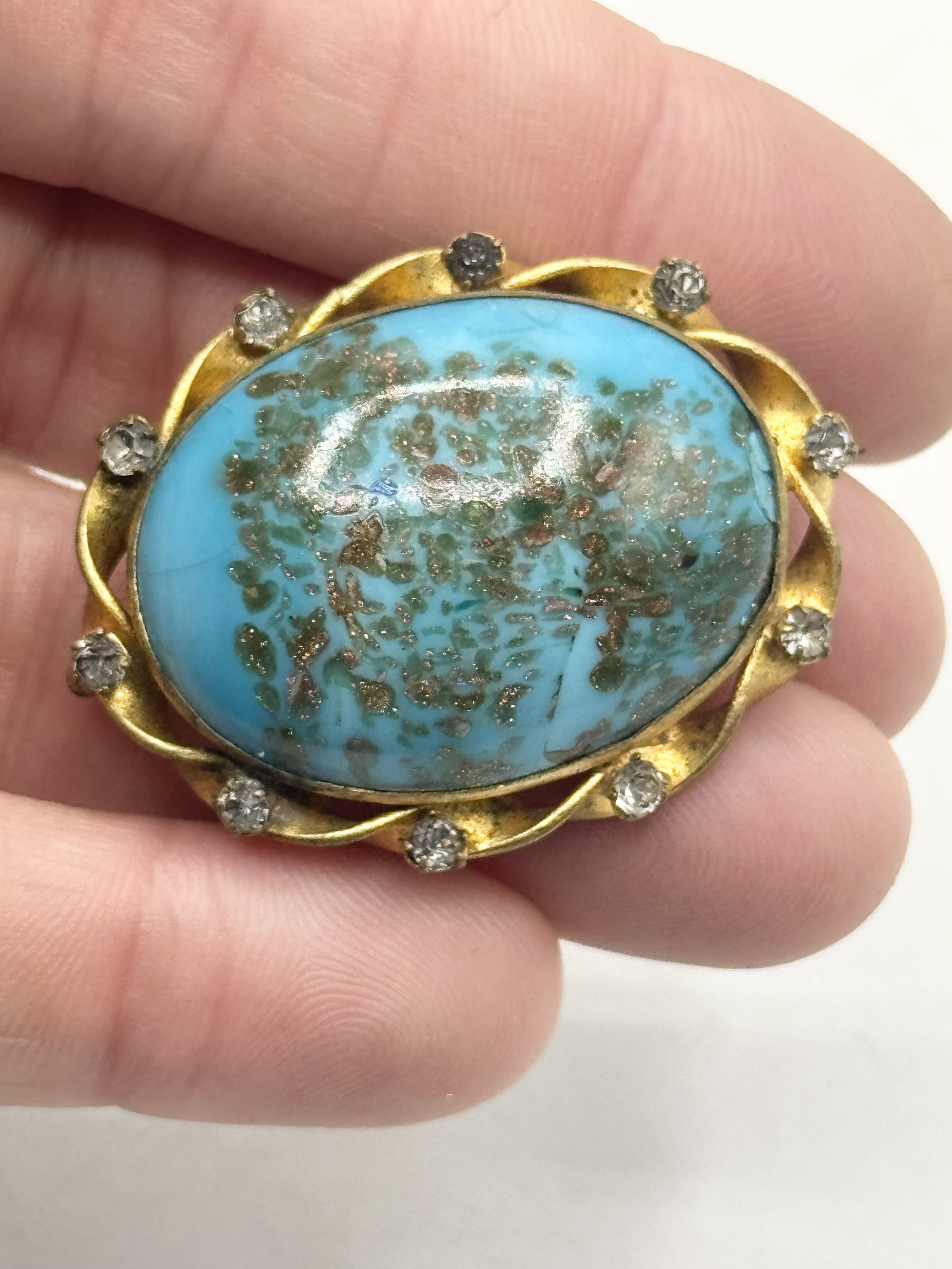 Vintage Antique blue art glass rhinestone brooch pin Size ONE SIZE - 5 Thumbnail