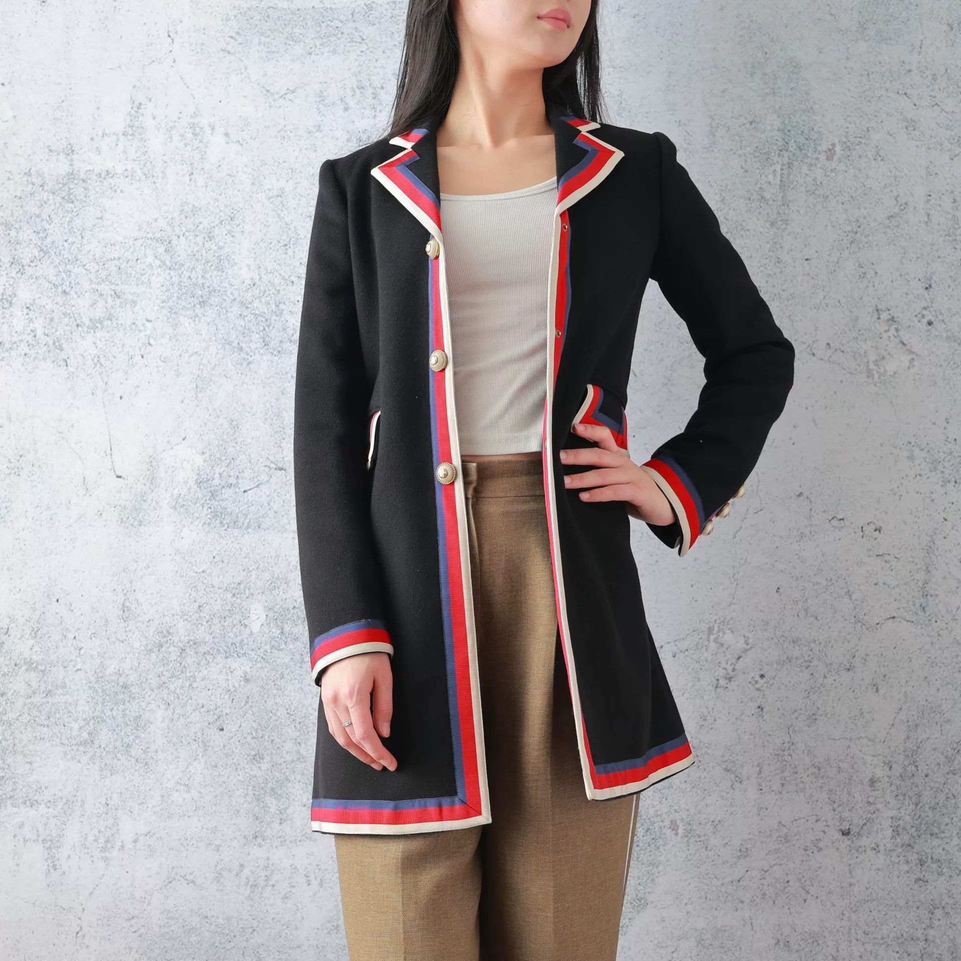 Gucci Gucci Black Wool Red Trim Long Coat Size S / US 4 / IT 40 - 1 Thumbnail