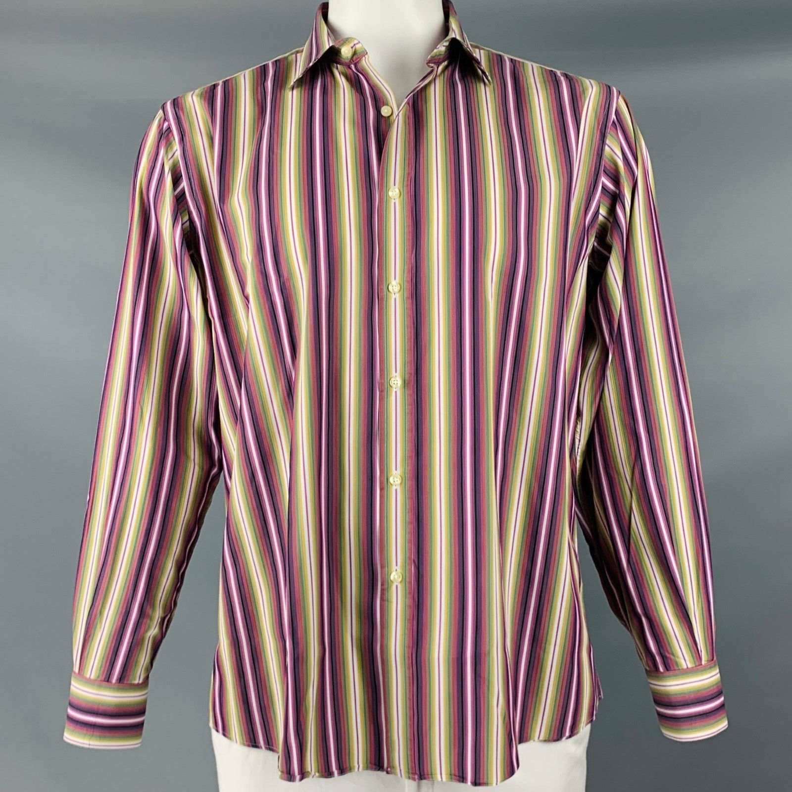 Etro ETRO Purple Green Stripe Cotton Button Up Long Sleeve Shirt Size US XL / EU 56 / 4 - 1 Thumbnail