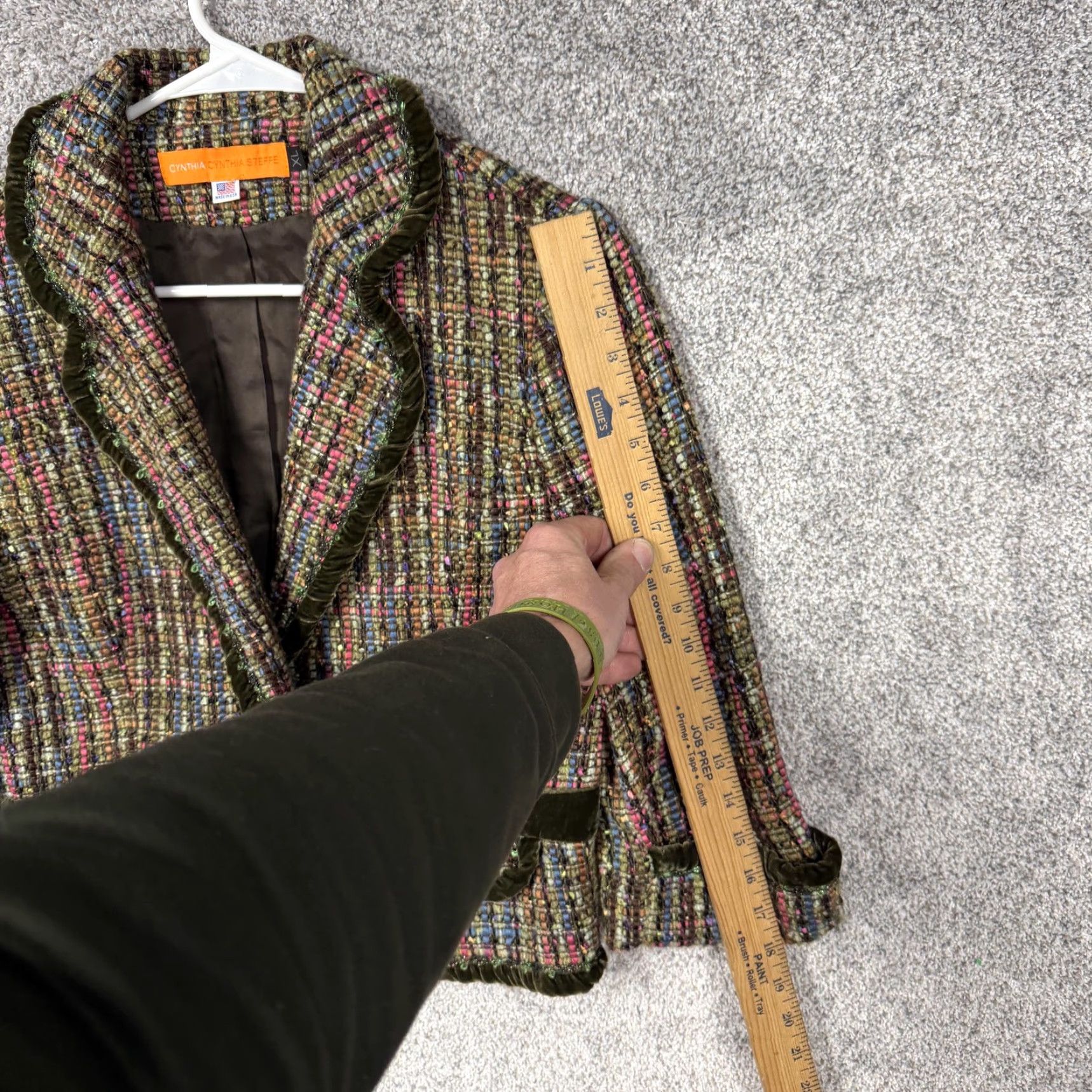 Velvet VTG 90s Cynthia Cynthia Steffe Blazer XL Multicolor Tweed Velvet Trim 3/4 Sleeve Notch Collar Pockets USA Womens Size XL / US 12-14 / IT 48-50 - 3 Thumbnail