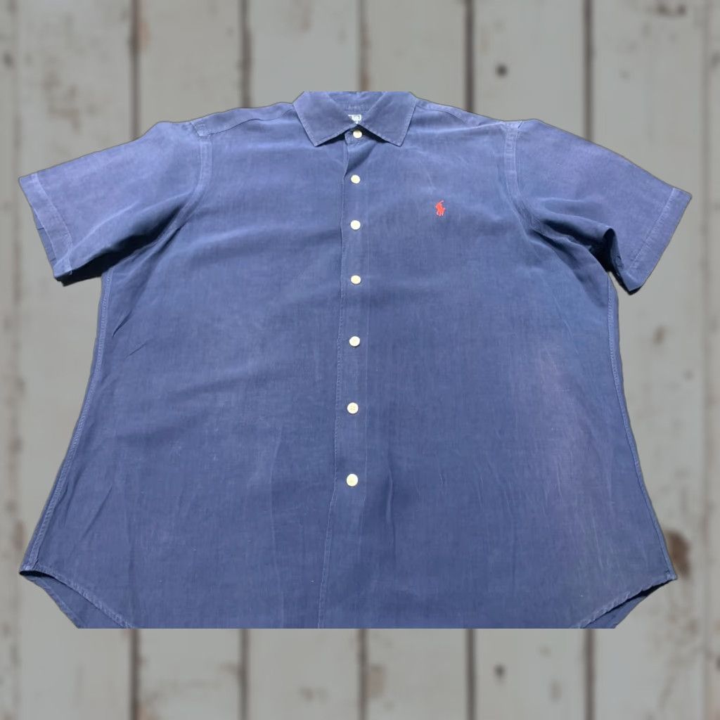 Ralph Lauren VINTAGE Ralph Lauren Linen Silk Button-Up Shirt Mens Large Blue Short Sleeve Solid 90s Preppy Size US L / EU 52-54 / 3 - 1 Thumbnail
