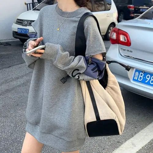 image of Vintage Women Harajuku Hoodies Pullovers High Street Zipper Hollow in Grey (Size Large)