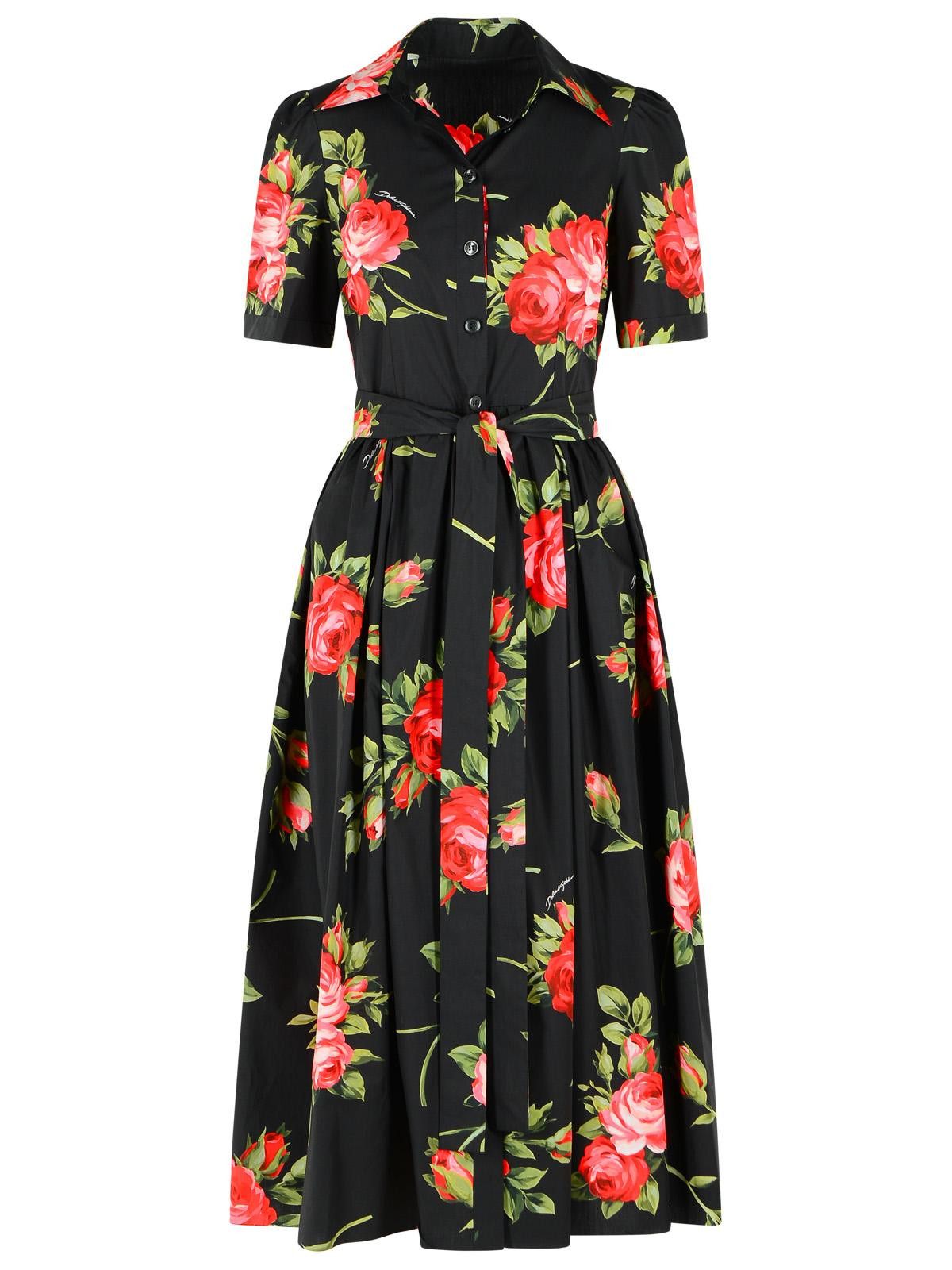 Dolce & Gabbana DOLCE & GABBANA 'Bouquet' Black Cotton Dress Size M / US 6-8 / IT 42-44 - 1 Thumbnail