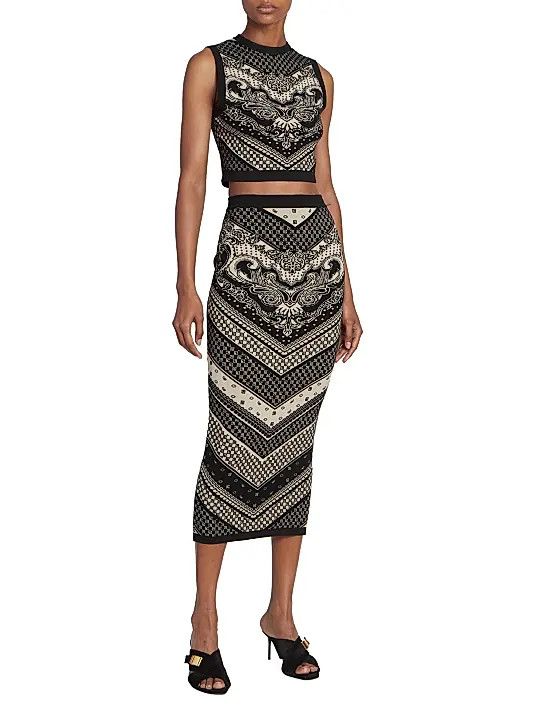 Balmain o1s1wg110825 Paisley & Monogram Midi Skirt in Black Size 27" / US 4 / IT 40 - 6 Thumbnail