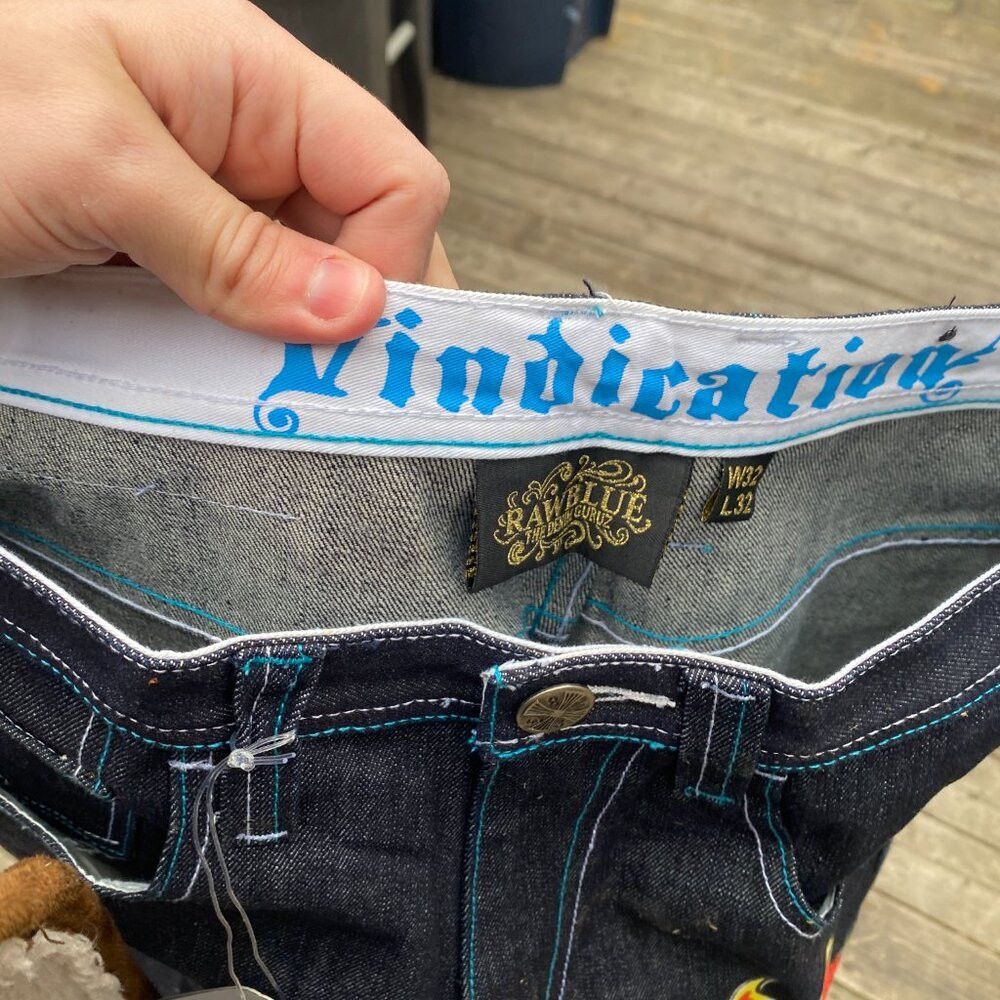 Japanese Brand × Vintage Vintage Y2K Embroidered Raw Blue Vindication Jeans Size 32 Size US 32 / EU 48 - 3 Thumbnail