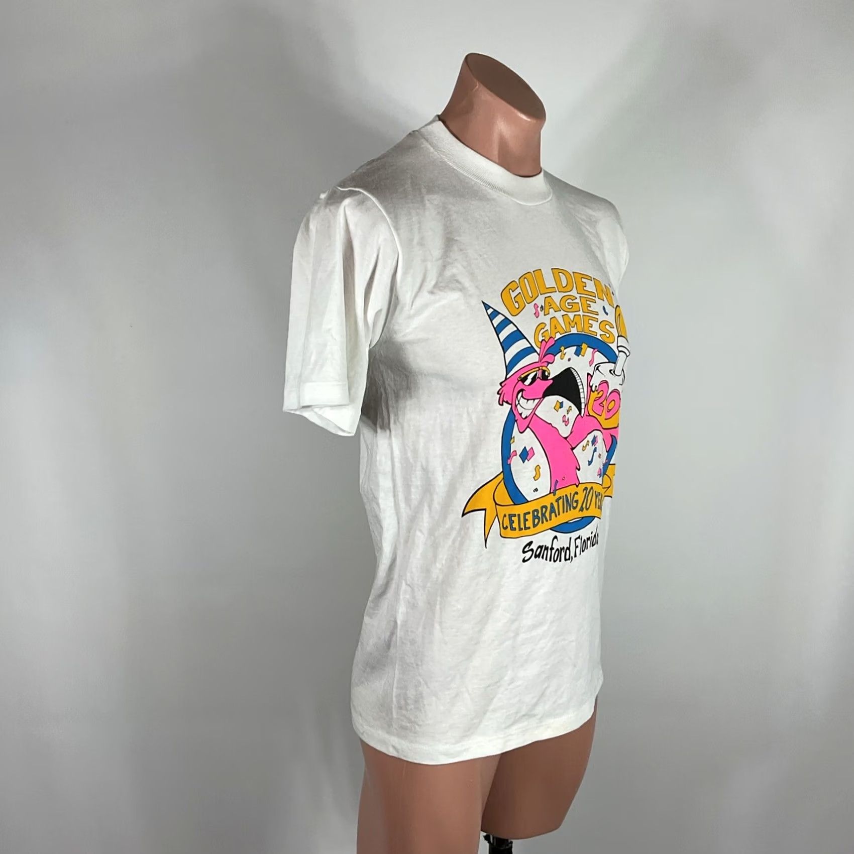 Jerzees VINTAGE Jerzees Golden Age Games T-shirt Mens Medium White Crew Neck Short Sleeve Florida Neon Graphic Print 20 years USA MADE Size US M / EU 48-50 / 2 - 3 Thumbnail