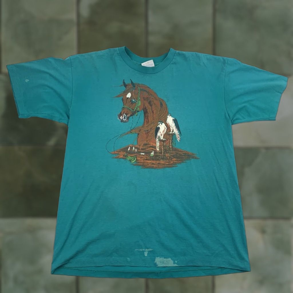 Hanes VINTAGE Hanes Shirt Men XL Blue Western 90s Outdoors Cowboy Animals Short Sleeve Crew Neck T-Shirt Size US XL / EU 56 / 4 - 1 Thumbnail