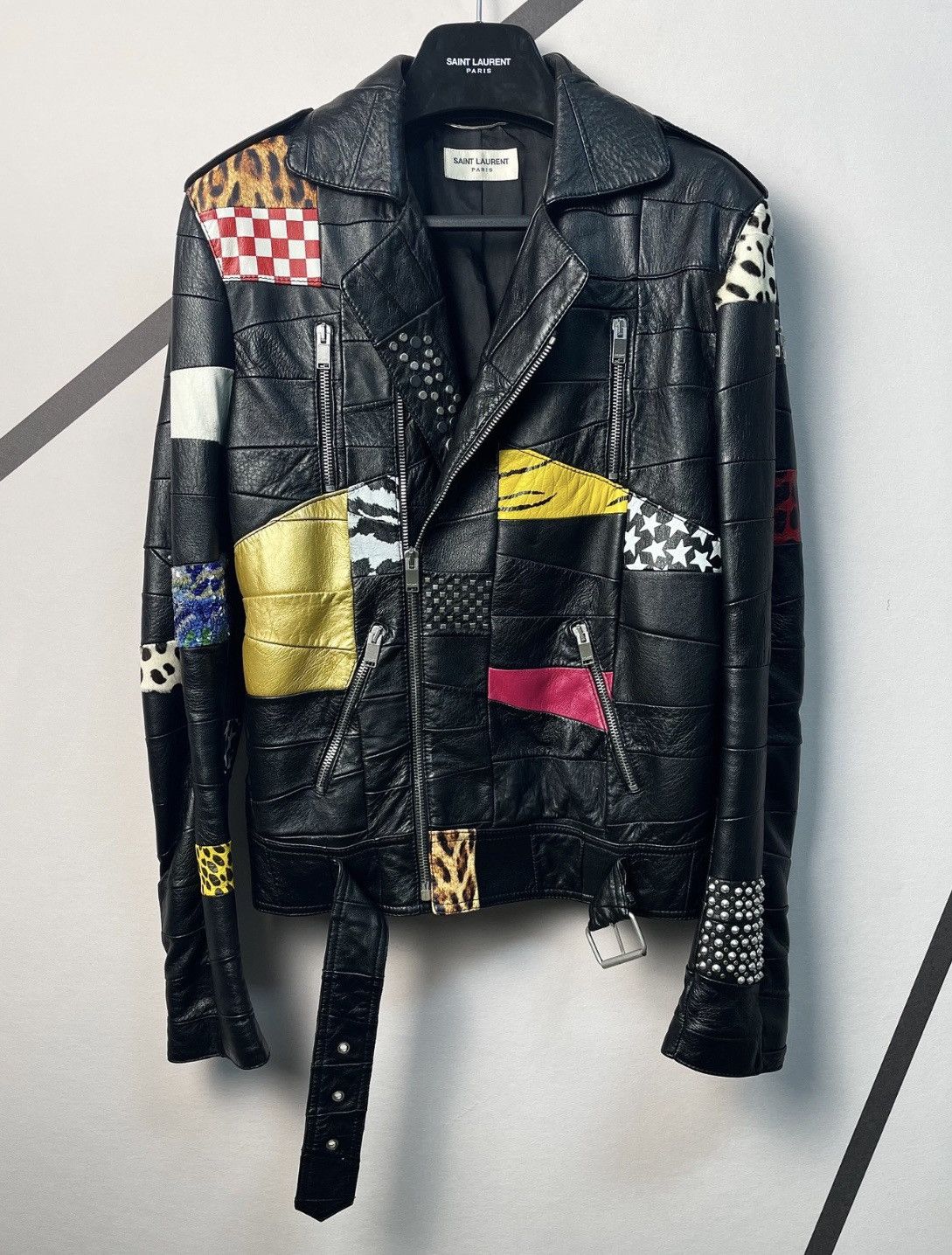 Hedi Slimane × Saint Laurent Paris 16SS Multicolor Patchwork Motorcycle Leather Jacket sz44 Size US S / EU 44-46 / 1 - 1 Thumbnail