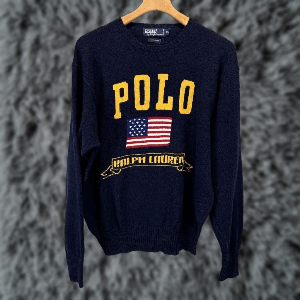 Polo Ralph Lauren VINTAGE Polo Ralph Lauren Men Sweater Knit USA Flag Spellout Crew Neck Long Sleeve XL Blue Casual Knitwear Size US XL / EU 56 / 4 - 1 Thumbnail