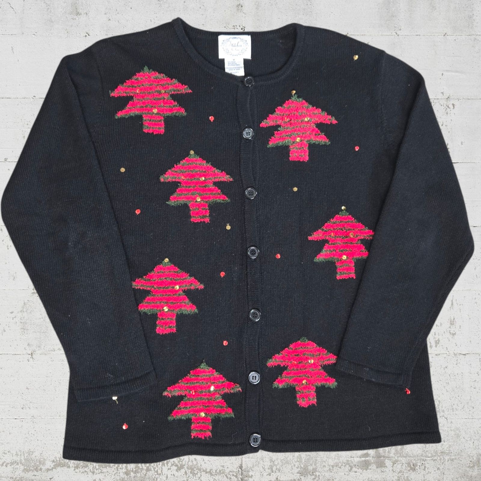 Vintage 90s Vintage Black Red Tree Sequin Cardigan Size Medium Size M / US 6-8 / IT 42-44 - 2 Thumbnail