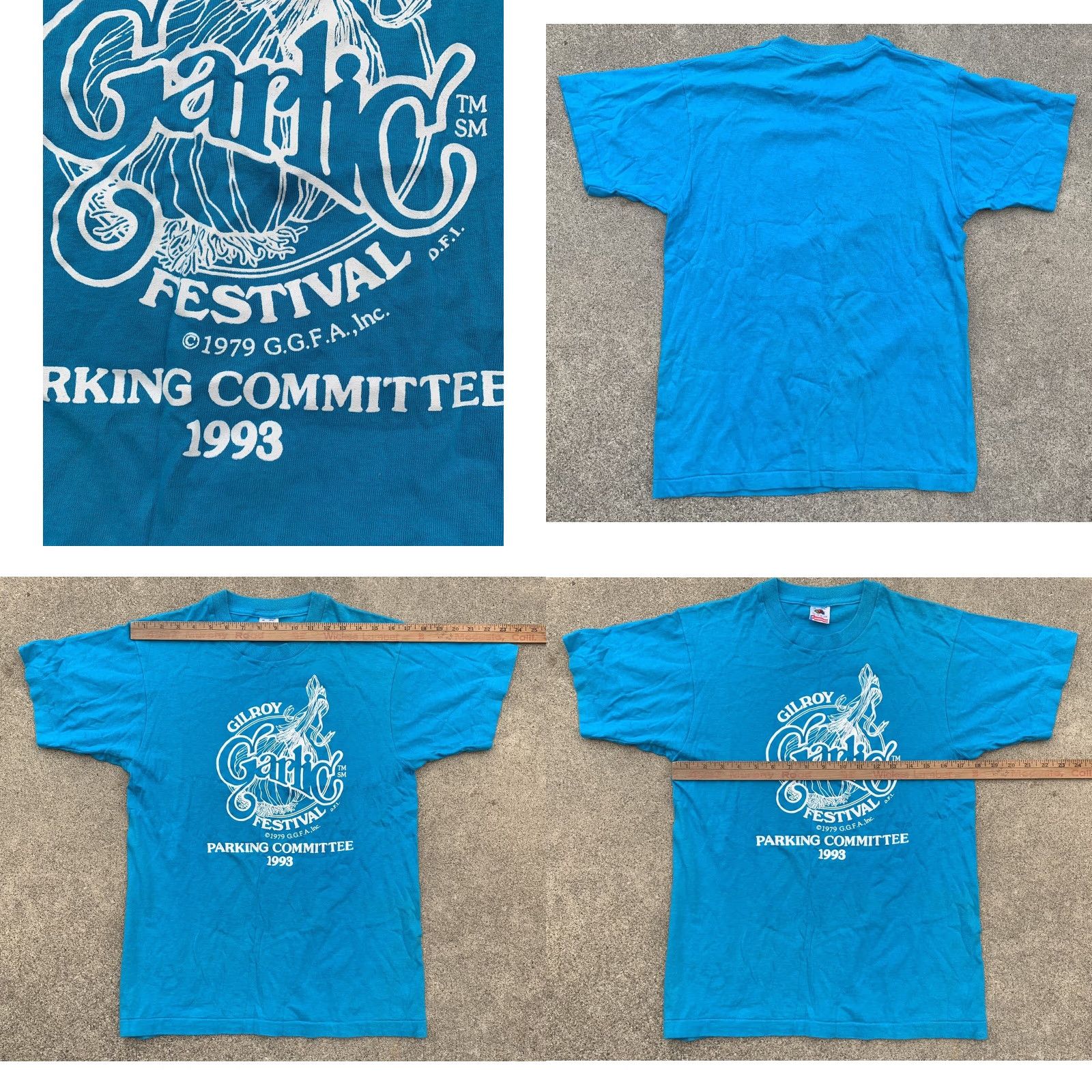 Fruit Of The Loom VINTAGE Gilroy Garlic Festival GGFA Inc Parking Committee 1993 t shirt M blue cotton Men Turquoise Graphics Tee Sportswear/Beach 1990s Shirt Size US M / EU 48-50 / 2 - 10 Thumbnail