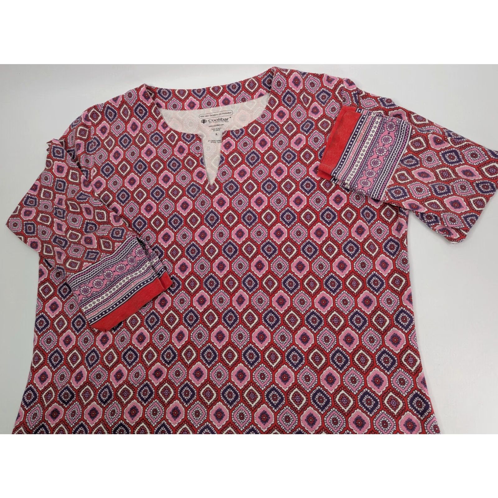 Vintage Coolibar Womens Tunic Large Red Coral Geometric Stretch V Neck UPF 50 Beach Size XL / US 12-14 / IT 48-50 - 2 Thumbnail