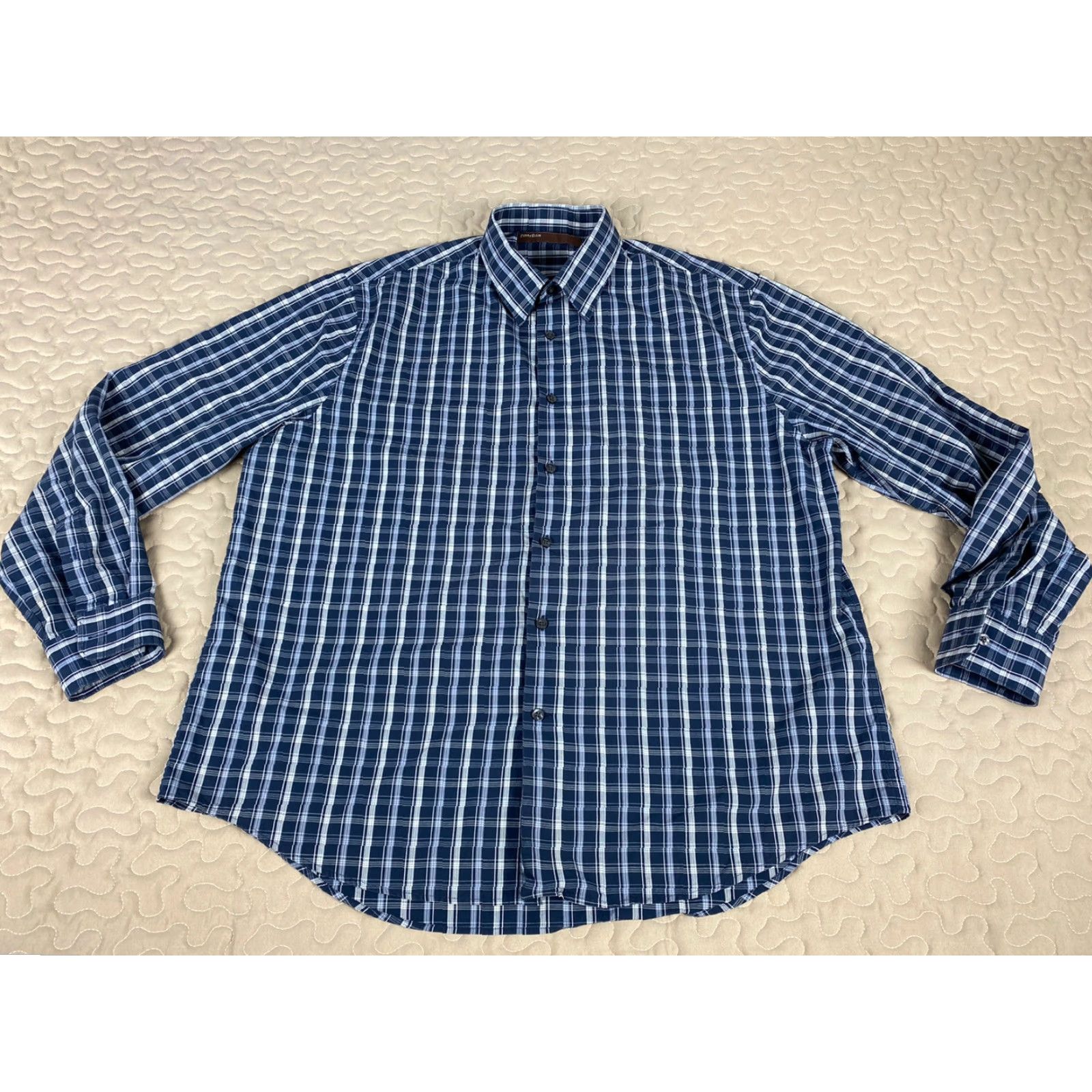 Perry Ellis Perry Ellis Button-Down Dress Shirt Plaid Blue & White Mens 2XL XXL Size 48R - 3 Thumbnail