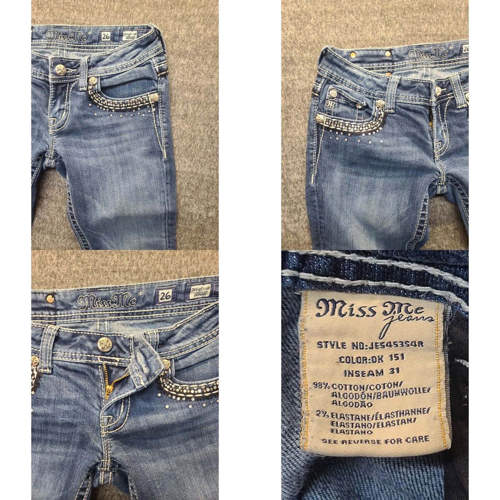 Miss Me Miss Me Jeans Womens 26x30 Skinnty Fit Tapered Leg Embroidered Rhinestone Cowgirlcore Denim Blue 30in Inseam Regular Fit 5-Pocket Womens Jeans Size 26" / US 2 / IT 38 - 8 Thumbnail