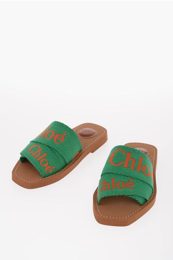 image of Chloe Canvas Tape Sliders With Embroidered Logo in Green, Women's (Size 6)