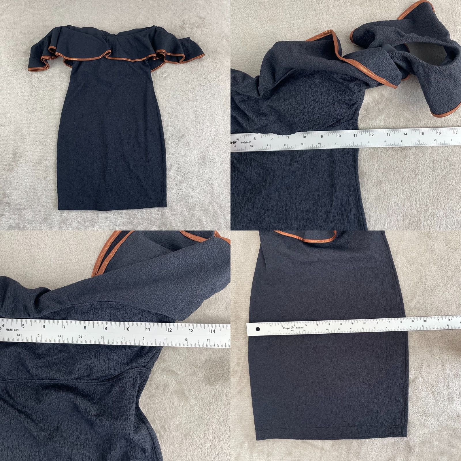 Vintage VIX Paula Hermanny Mini Dress XS Black Copper Trim Off Shoulder Ruffle Top Vest? Size XS / US 0-2 / IT 36-38 - 8 Thumbnail