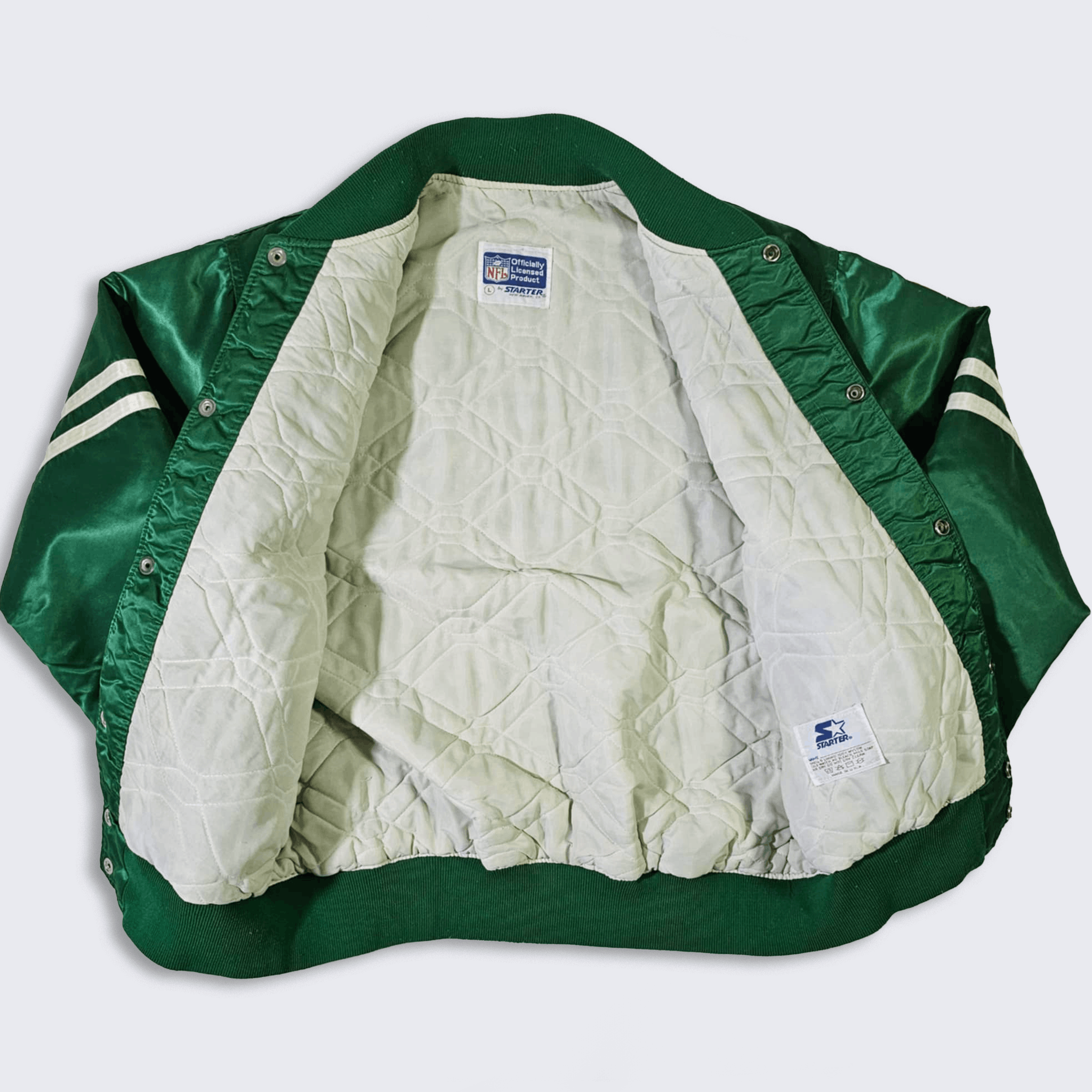 NFL × Starter × Vintage New York Jets Vintage 80s Starter Satin Bomber Jacket Size US L / EU 52-54 / 3 - 3 Thumbnail