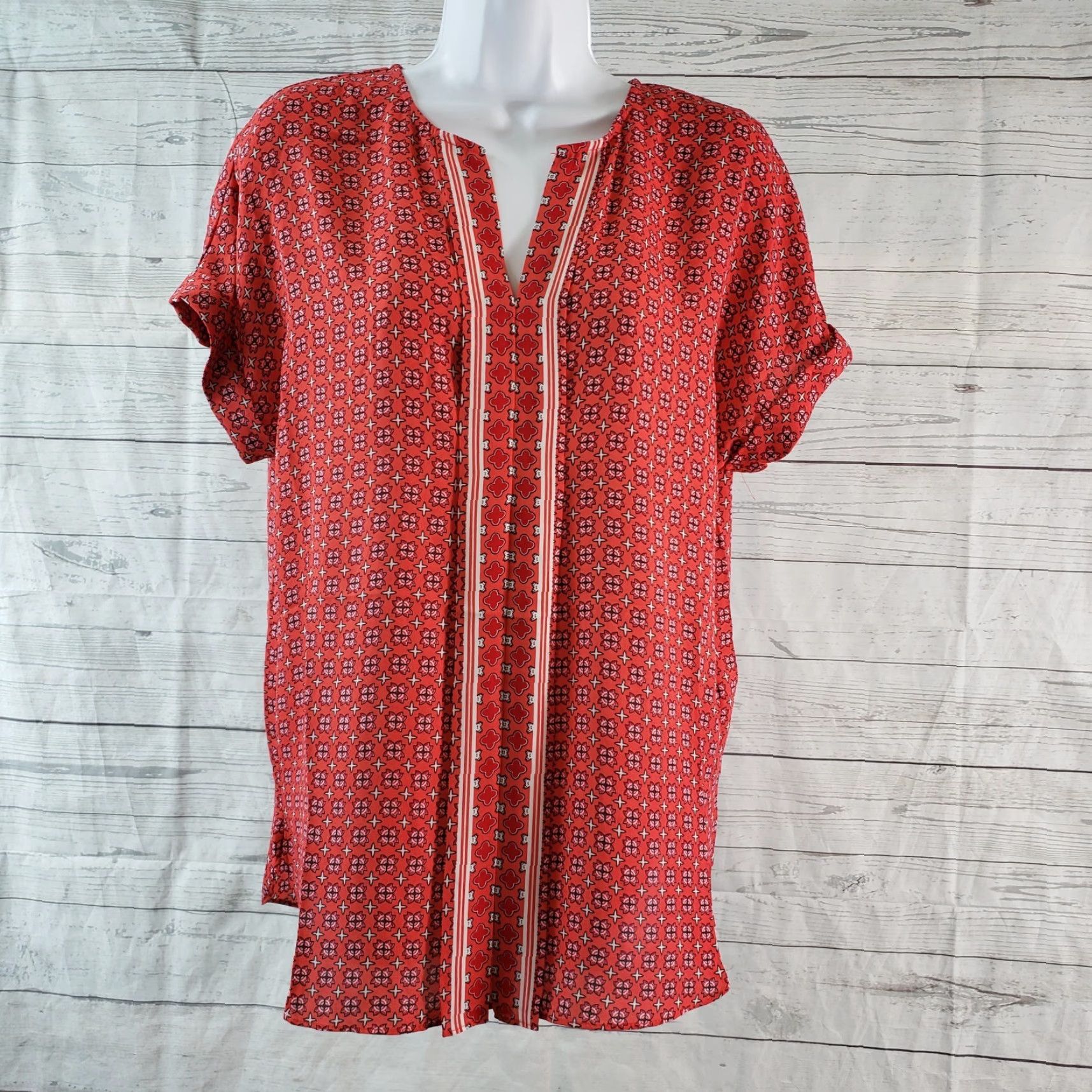 Vintage Max Studio Womens Printed Top XS Red Short Sleeve Blouse, Pullover, Floral, Polyester, Size XS, Womens Size XS / US 0-2 / IT 36-38 - 2 Thumbnail