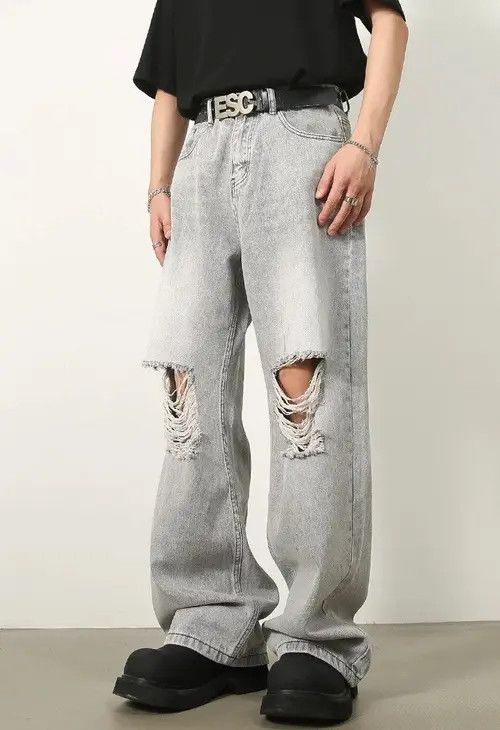 image of Vintage Distressed Denim Wide Leg Ripped Jeans in Grey, Men's (Size 32)