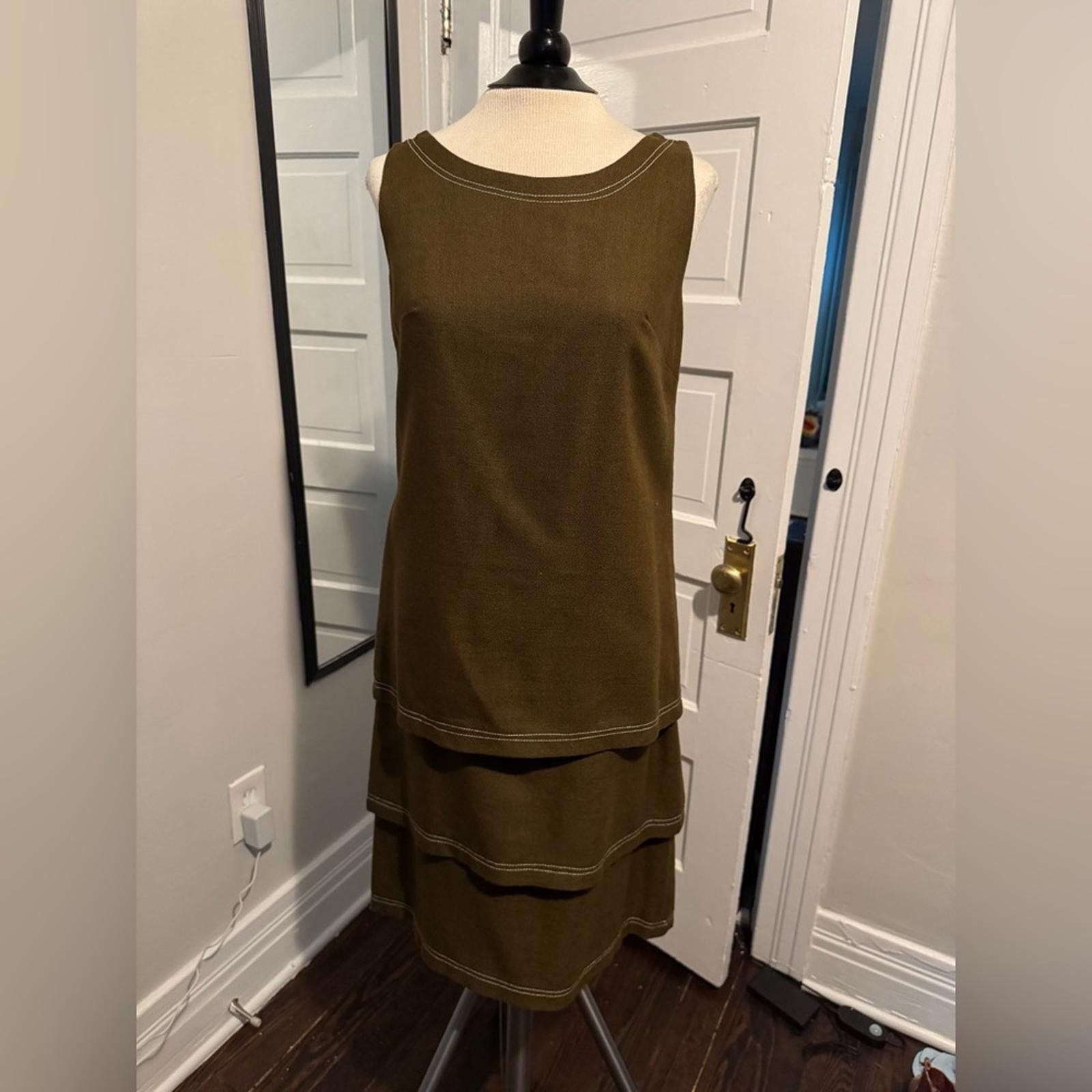 Designer True Vintage Olive Green Tiered Ruffled Midi Dress Size M / US 6-8 / IT 42-44 - 1 Thumbnail