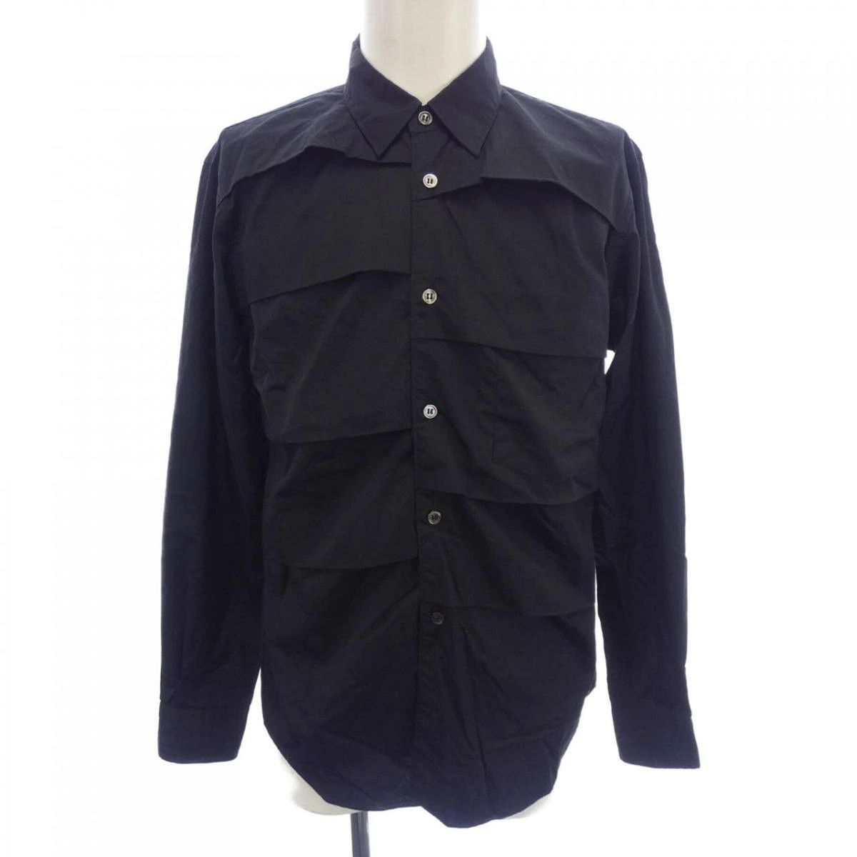 Shirt Cotton Front Pleated Plain Button Up Black