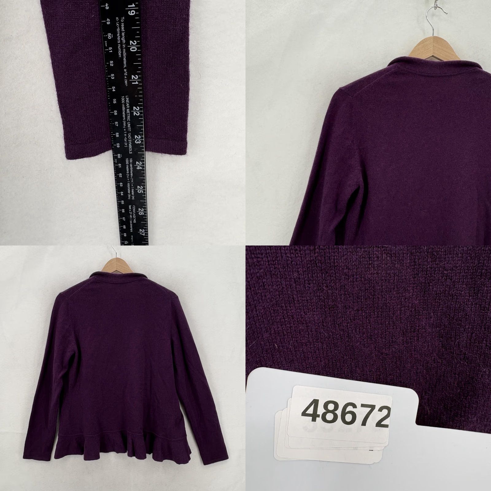 Vintage Kinross Cashmere Cardigan Sweater Womens Medium Purple Ruffle Hem Open Front Knit 100% Cashmere V-Neck Long Sleeve Solid Fall Winter Size M / US 6-8 / IT 42-44 - 8 Thumbnail