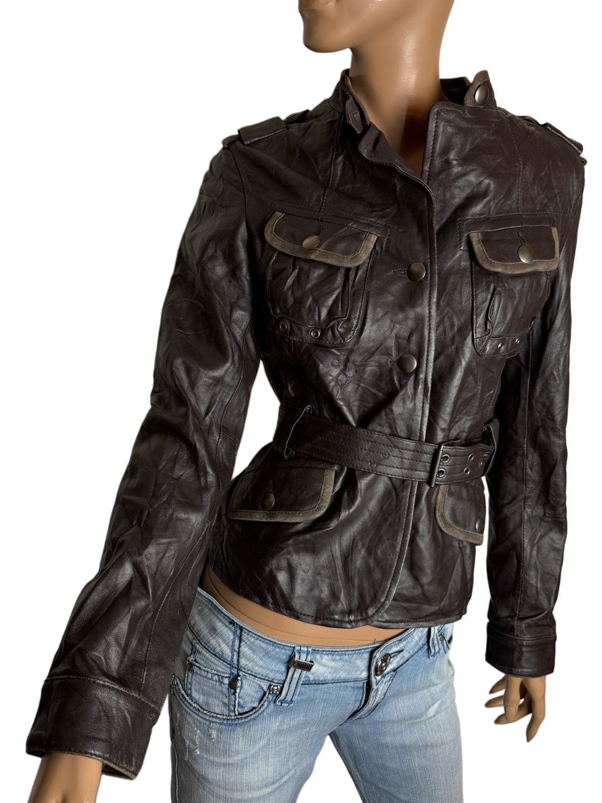Other Y2K Vintage Leather Jacket Belted Military Biker Napoleon Size S / US 4 / IT 40 - 2 Thumbnail