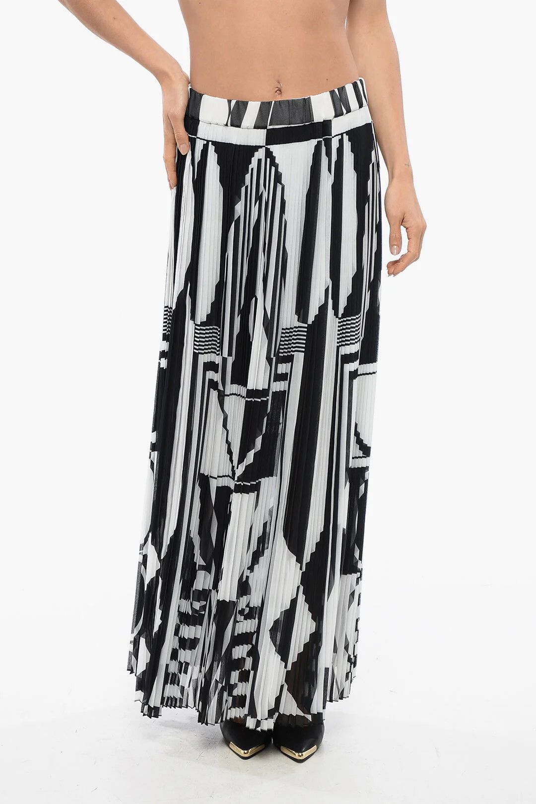 Balmain og1mm0326 Pleated Longuette Skirt in White/Black Size 40" / US 18 - 1 Thumbnail