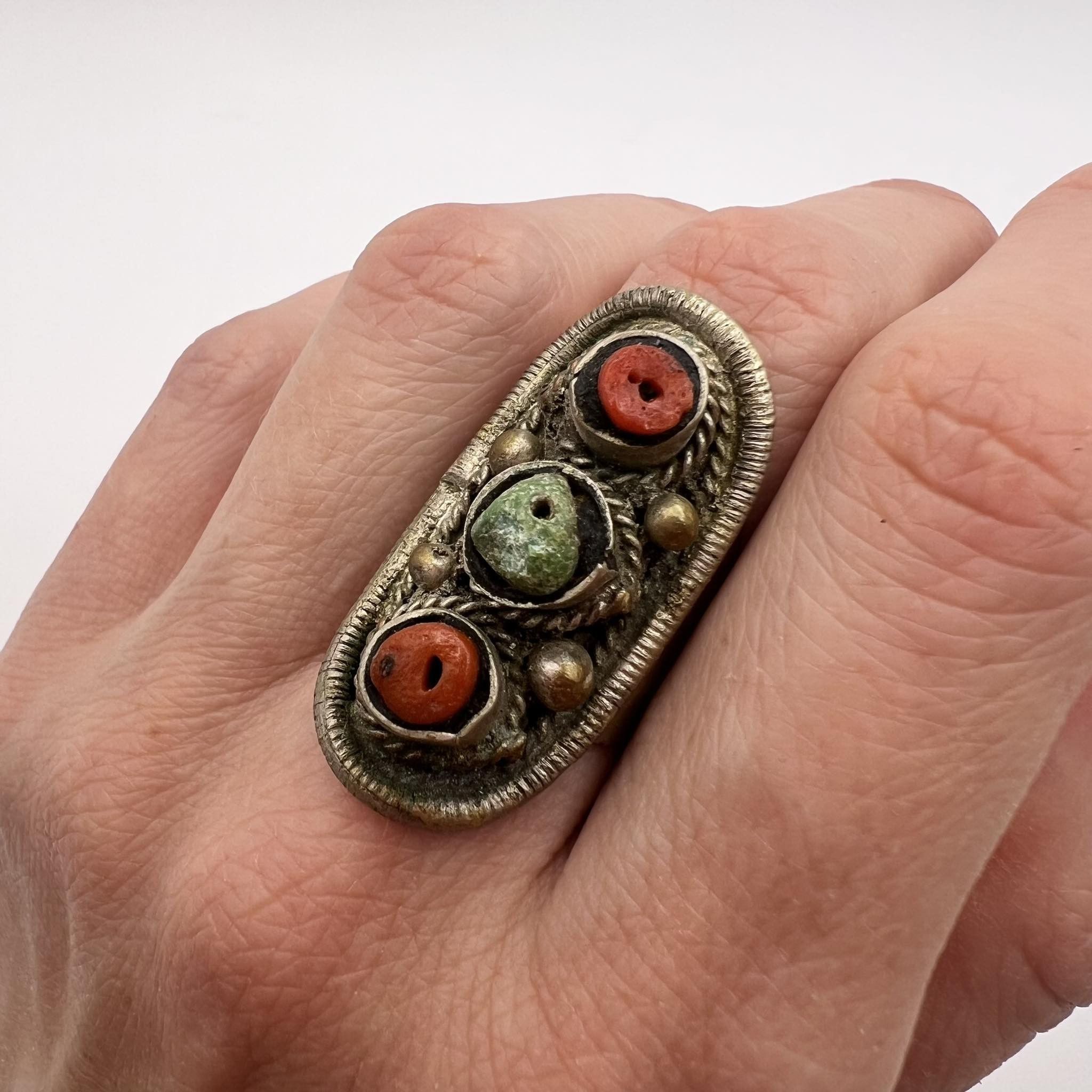 Antique Ethnic Bedouin Yemen Coral Turquoise Handmade Ring