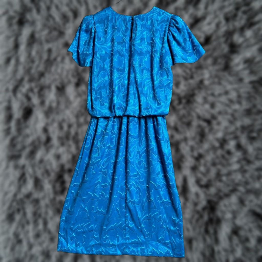 Vintage VINTAGE Lady Page Dress Blouson Waist Midi 80s Blue Jacquard Textured Fringes Floral Party/Cocktail Women Size 8 Mens? No. Size M / US 6-8 / IT 42-44 - 1 Thumbnail