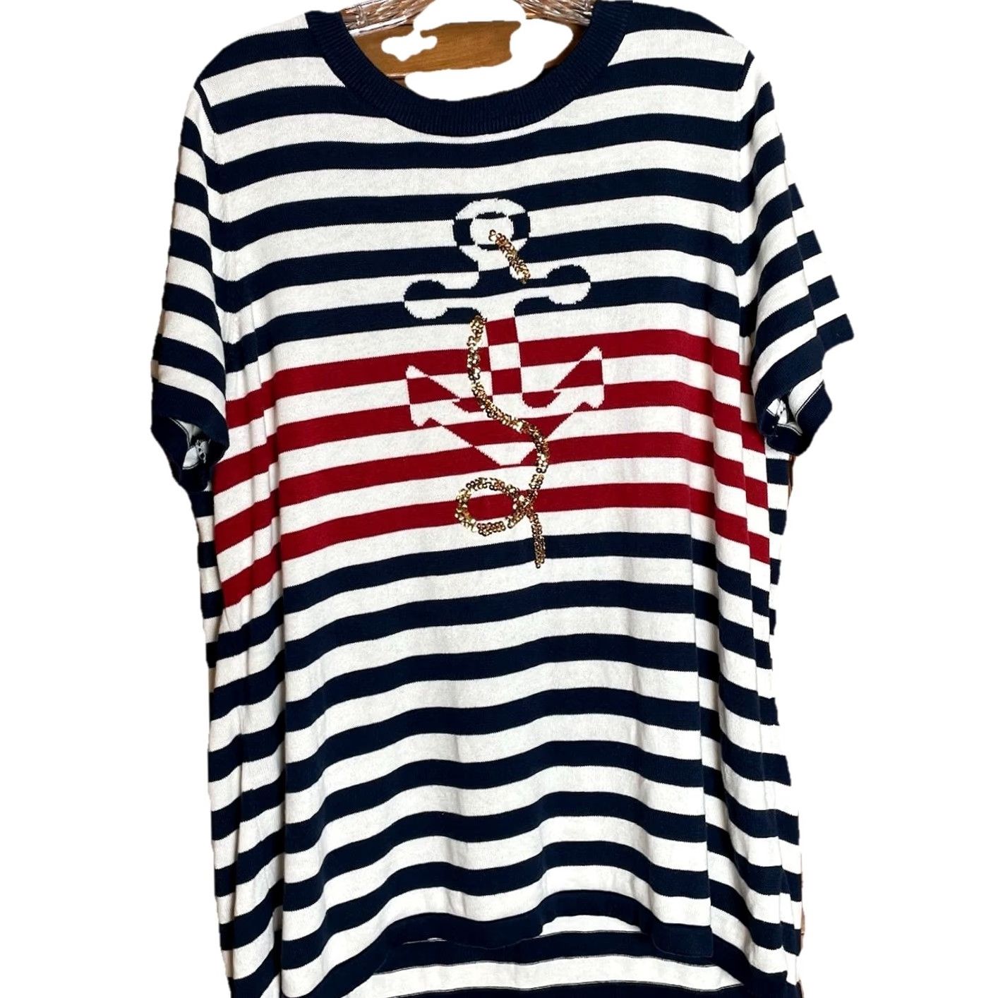 Quacker Factory VINTAGE Quacker Factory Sweater Shirt Womens XL Blue Striped Sailor Nautical Sequin Everyday Pullover Size XL / US 12-14 / IT 48-50 - 2 Thumbnail