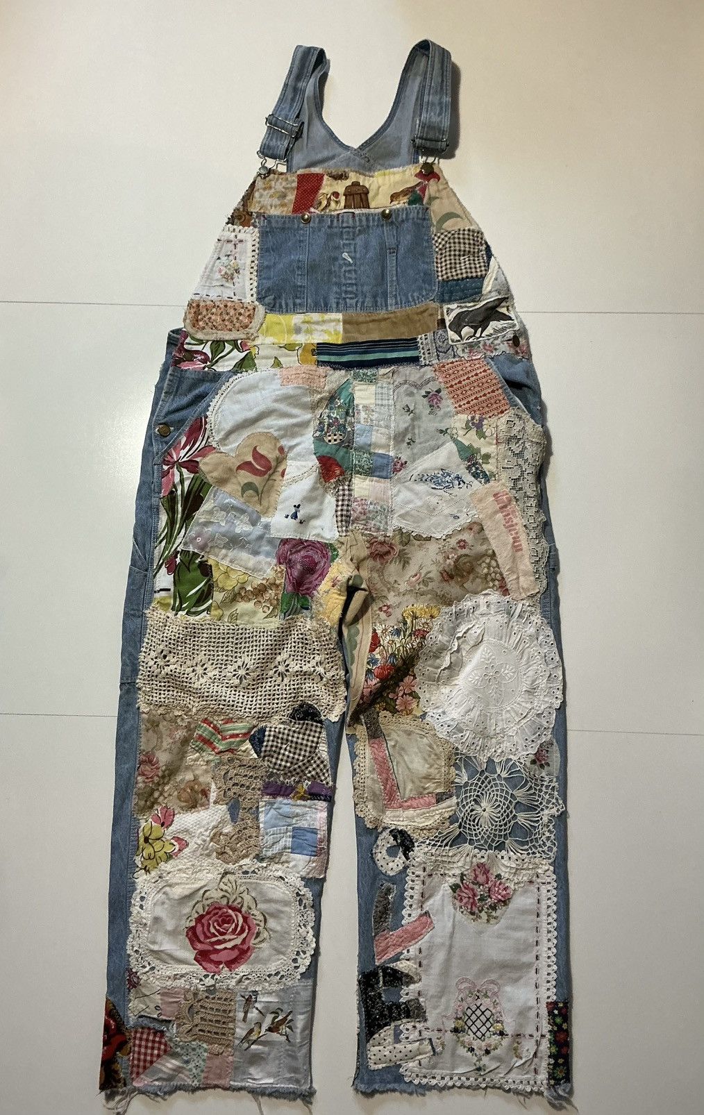 Vintage VTG Peace & Love Patchwork Assemblage Denim Jean Overalls Size US 40 / EU 56 - 1 Thumbnail