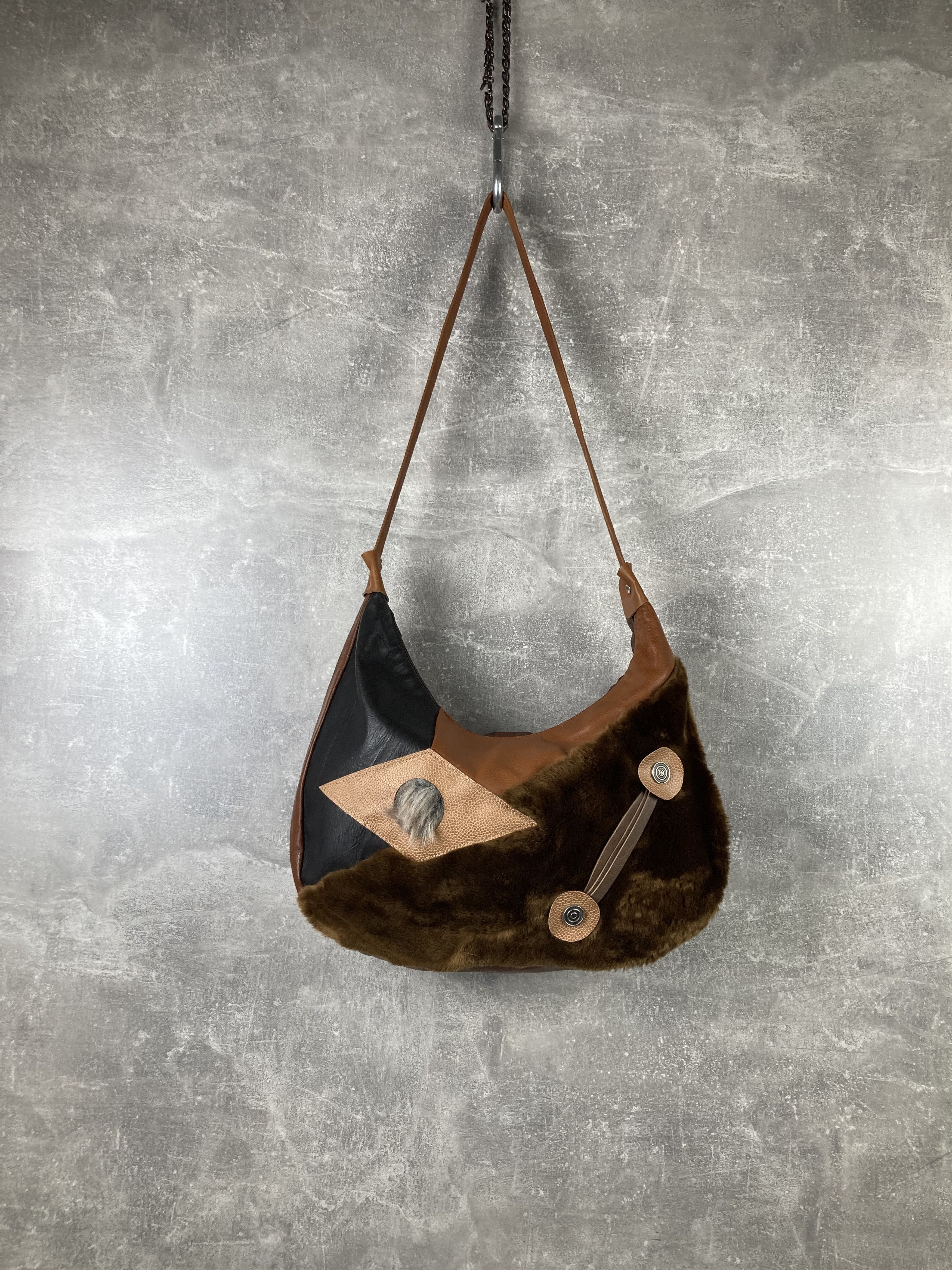 Genuine Leather Womens fluffy brown leather Y2K avant garde crossbody bag Size ONE SIZE - 1 Thumbnail