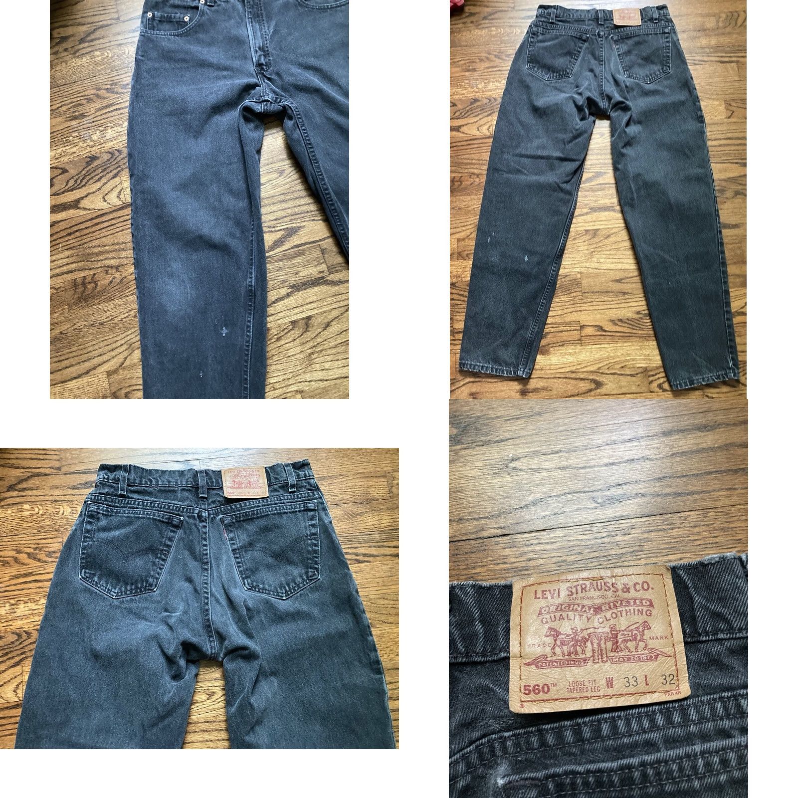 Levi's VTG Levis 560 Jeans Mens 33x32 Faded Black Distressed Denim USA Made Tapered 5-Pocket Pull Zip Size US 33 - 8 Thumbnail