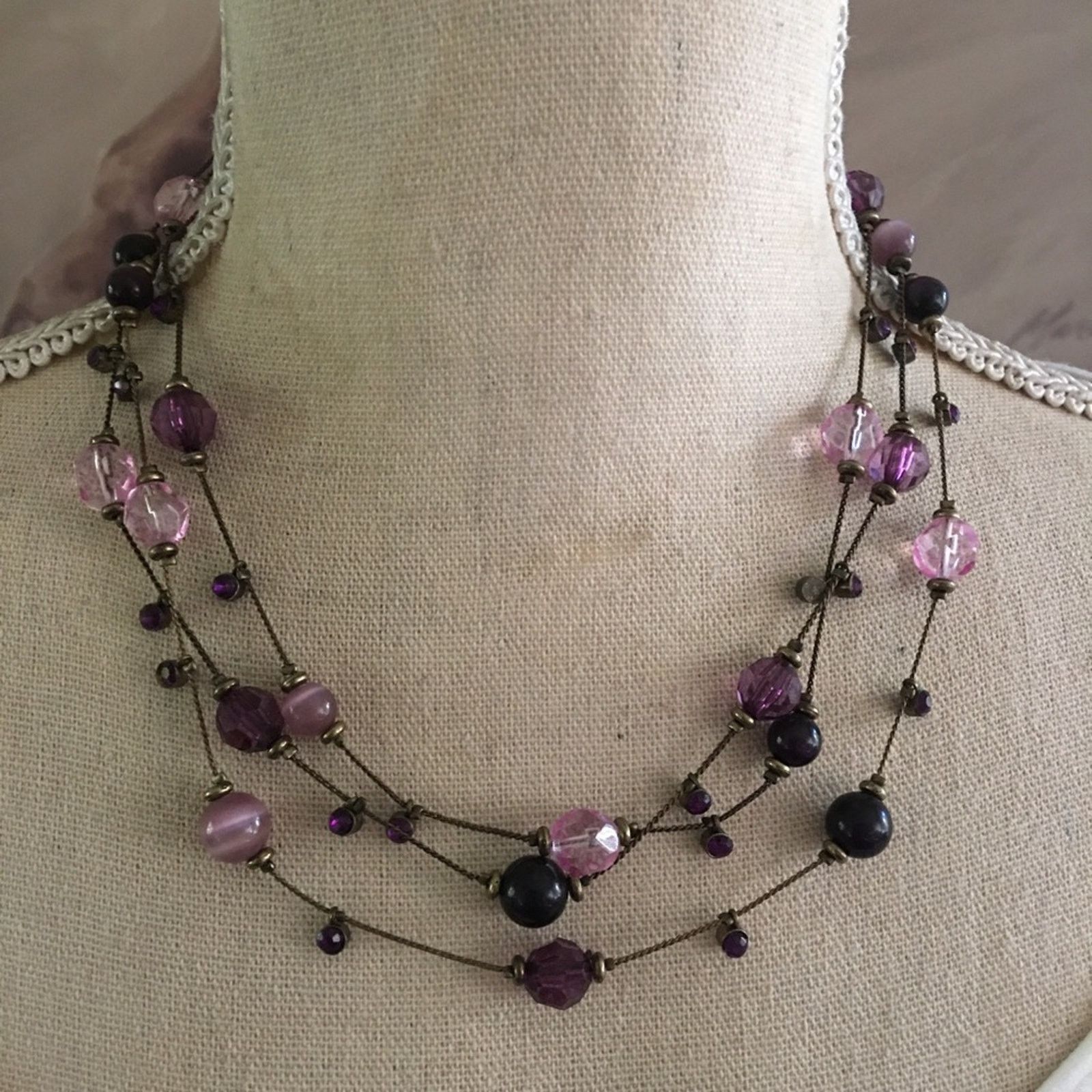 Jewelry Elegant triple strand purple tone glass bead stone necklace Size ONE SIZE - 1 Thumbnail