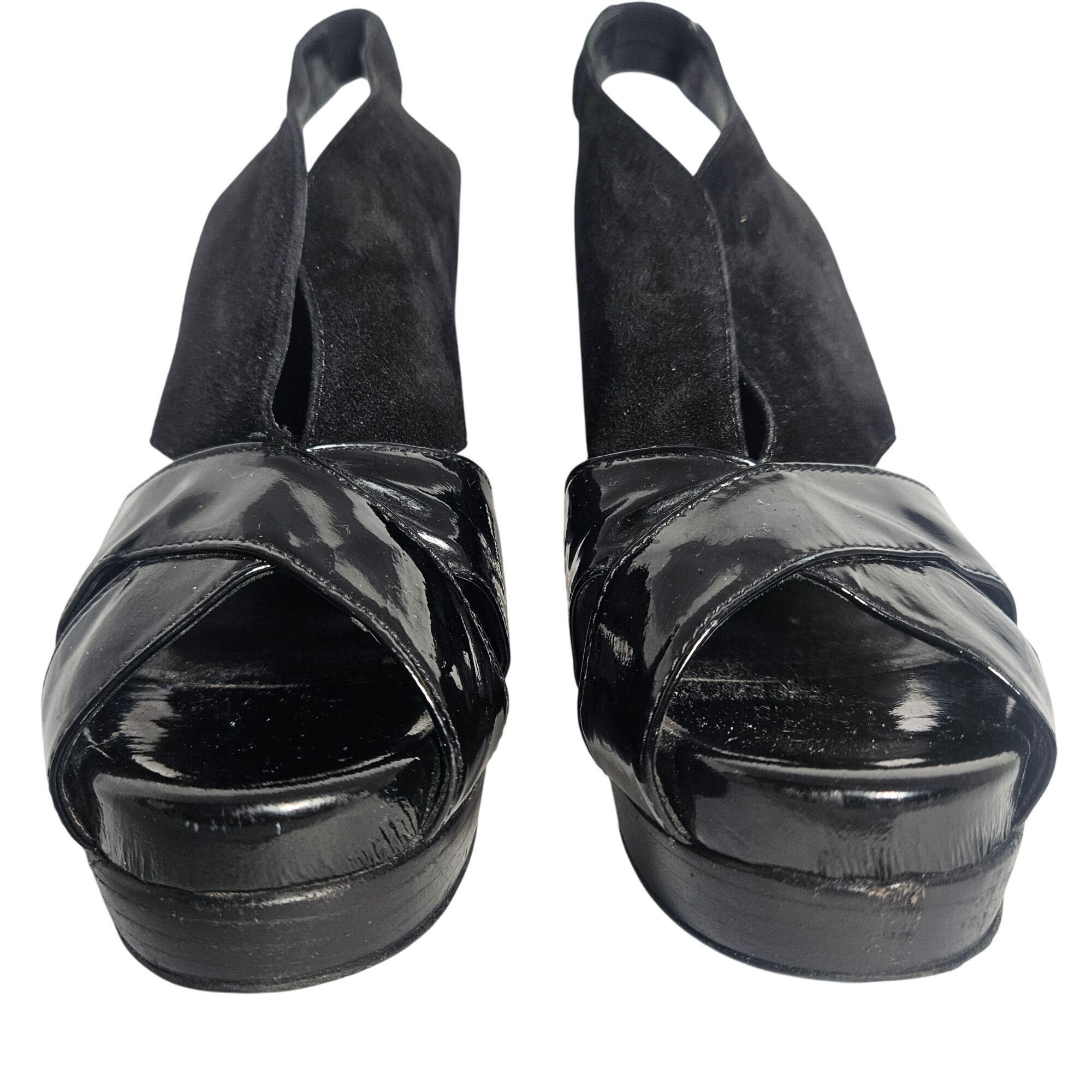 Fendi Fendi Women Peep Toe Slingback Heels Black 38.5 Patent Suede Size US 8.5 / IT 38.5 - 6 Thumbnail