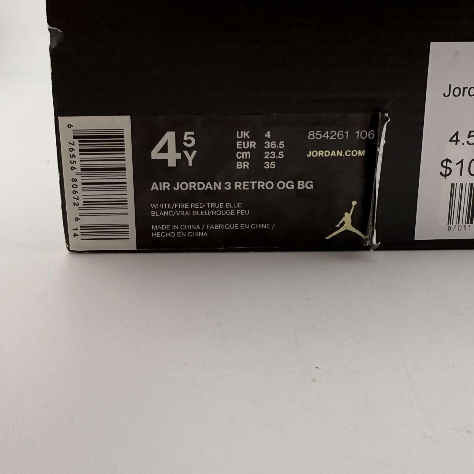 Jordan Brand Air Jordan 3 Retro OG BG White/Fire Red-True Blue 4.5Y Size US 5 / EU 37 - 10 Thumbnail