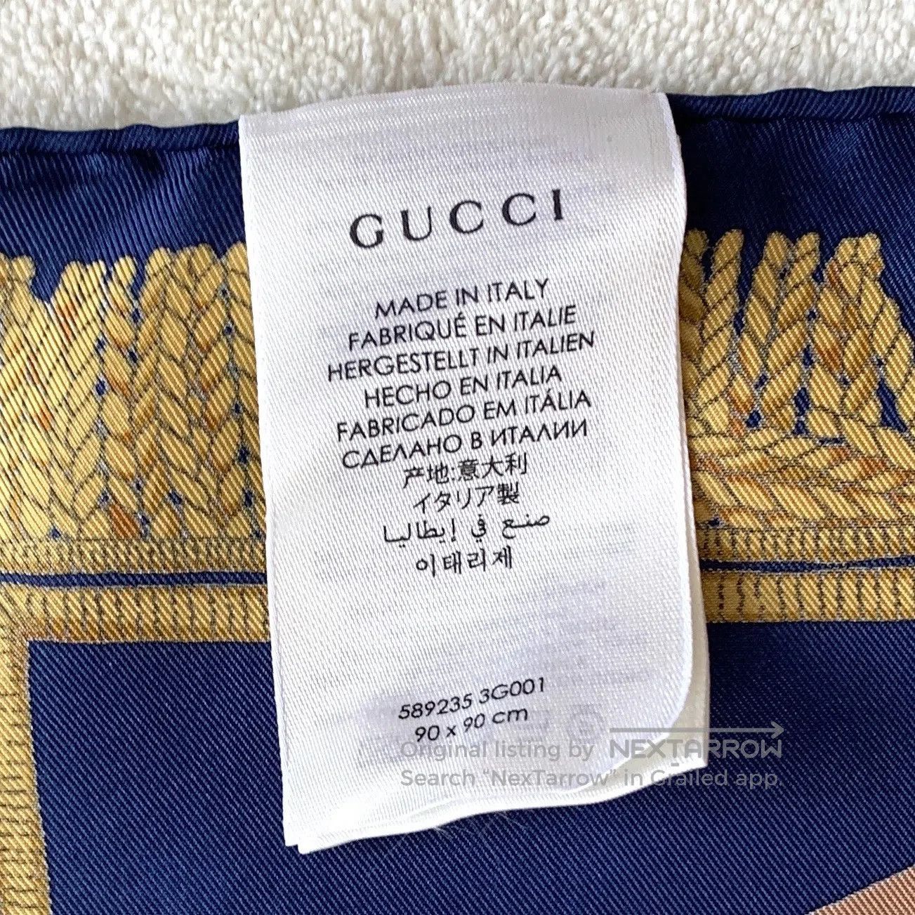Gucci Guicci Navy Blue Badge Printed Twill Silk Scarf| Size ONE SIZE - 7 Thumbnail
