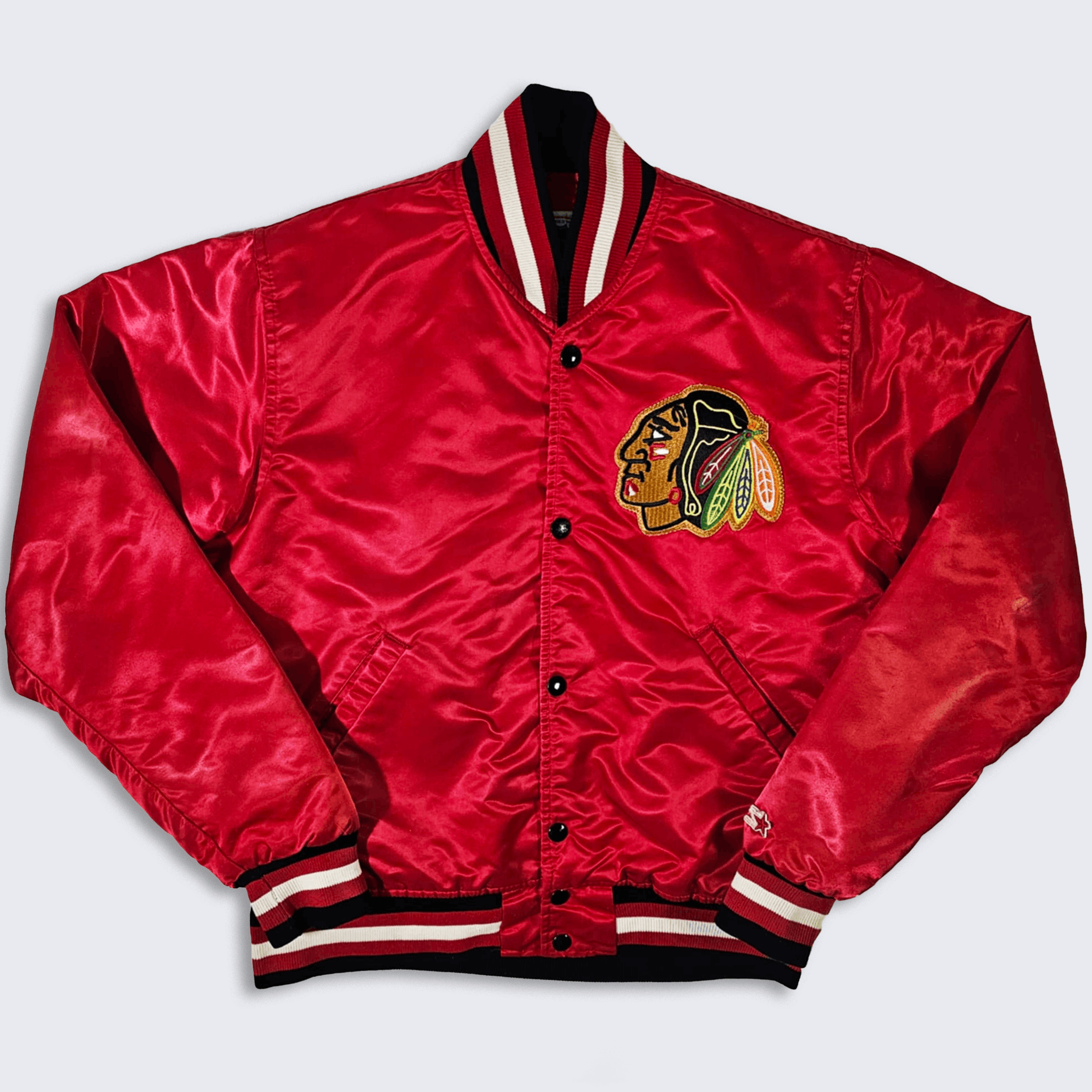 NHL × Starter × Vintage Chicago Blackhawks Vintage 80s Starter Satin Bomber Jacket Size US S / EU 44-46 / 1 - 1 Thumbnail