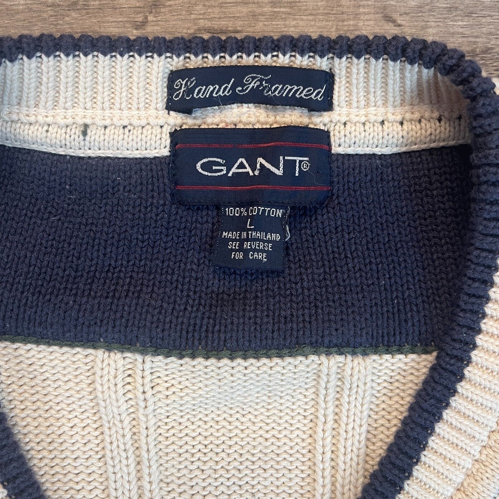 Vintage VTG Preppy Gant Cream Cable Knit Plaid Collar V-Neck Sweater Size US L / EU 52-54 / 3 - 4 Thumbnail