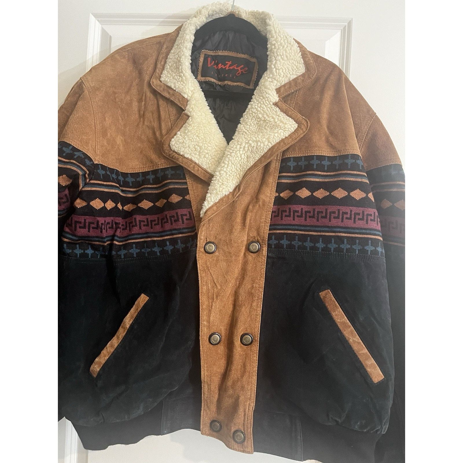 Other Vintage Leather Sherpa Lined Jacket Mens XL Western Aztec Size US XL / EU 56 / 4 - 4 Thumbnail