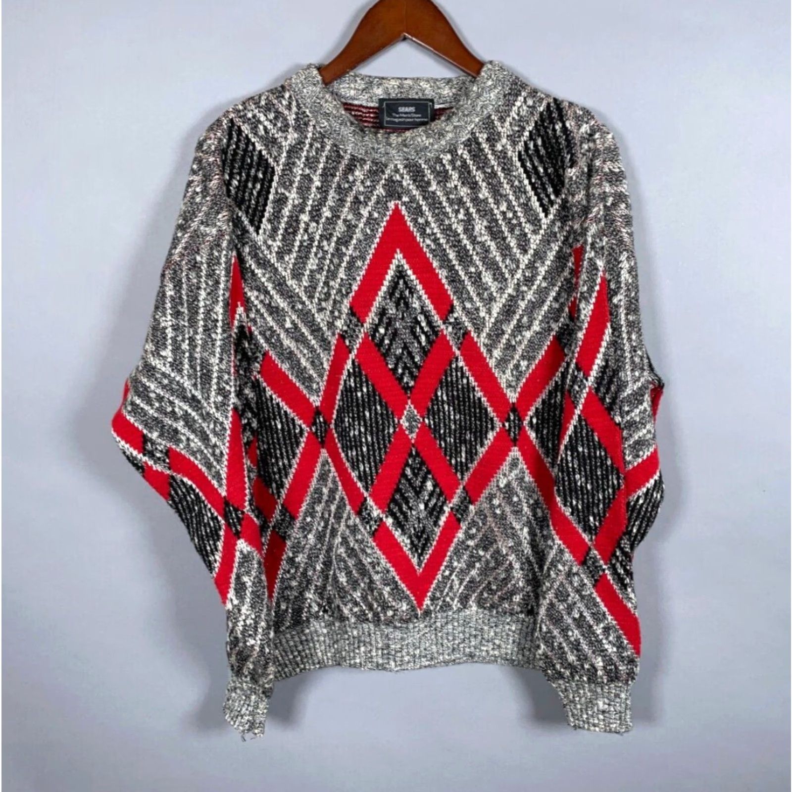Sears VINTAGE 80s Sears Argyle Pattern Sweater Adult XL Gray Red Heavyweight Pullover Mens Size US XL / EU 56 / 4 - 2 Thumbnail
