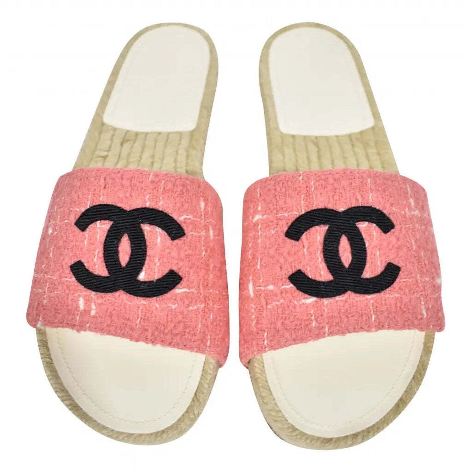 Chanel Chanel 20A Pink Tweed Black CC Logo Espadrille Slide Size US 7 / IT 37 - 1 Thumbnail