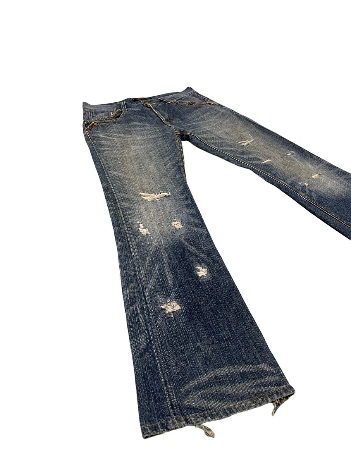 Japanese Brand Flare Jeans Rush Hour Faded Distress Boot Cut 8🟦4 Size US 33 - 1 Thumbnail