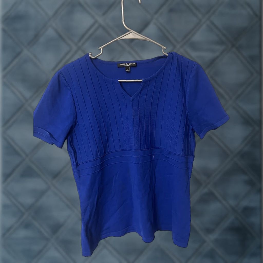 Vintage Cable & Gauge Tee Royal Blue Scoop Neck V-Cut Short Sleeves Beads Size PL Womens T-Shirt Vintage No Size 36" / US 14 / IT 50 - 1 Thumbnail