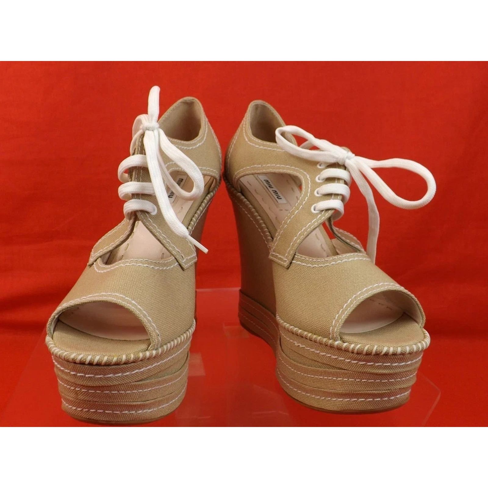 Miu Miu MIU MIU PRADA 5KZ006 BEIGE CANVAS OPEN TOE WEDGE PUMPS 39.5 Size US 9.5 / IT 39.5 - 3 Thumbnail