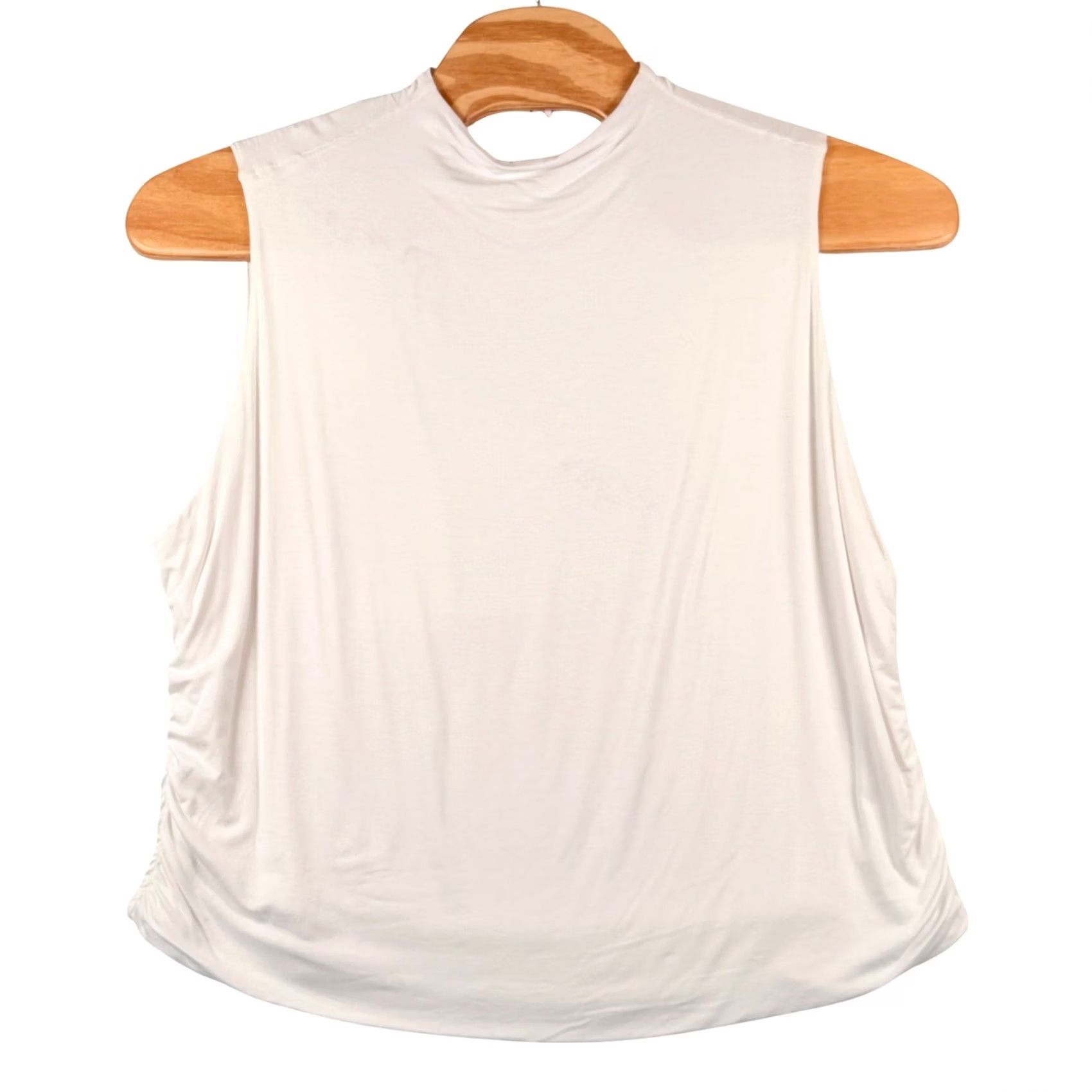 Vintage Ophelia Roe Womens 3X Mock Neck Sleeveless Top Ruched Side Minimalist NWT Basic Ivory White Jersey Knit Tank Blouse Size XXL / US 16-18 / IT 52-54 - 2 Thumbnail