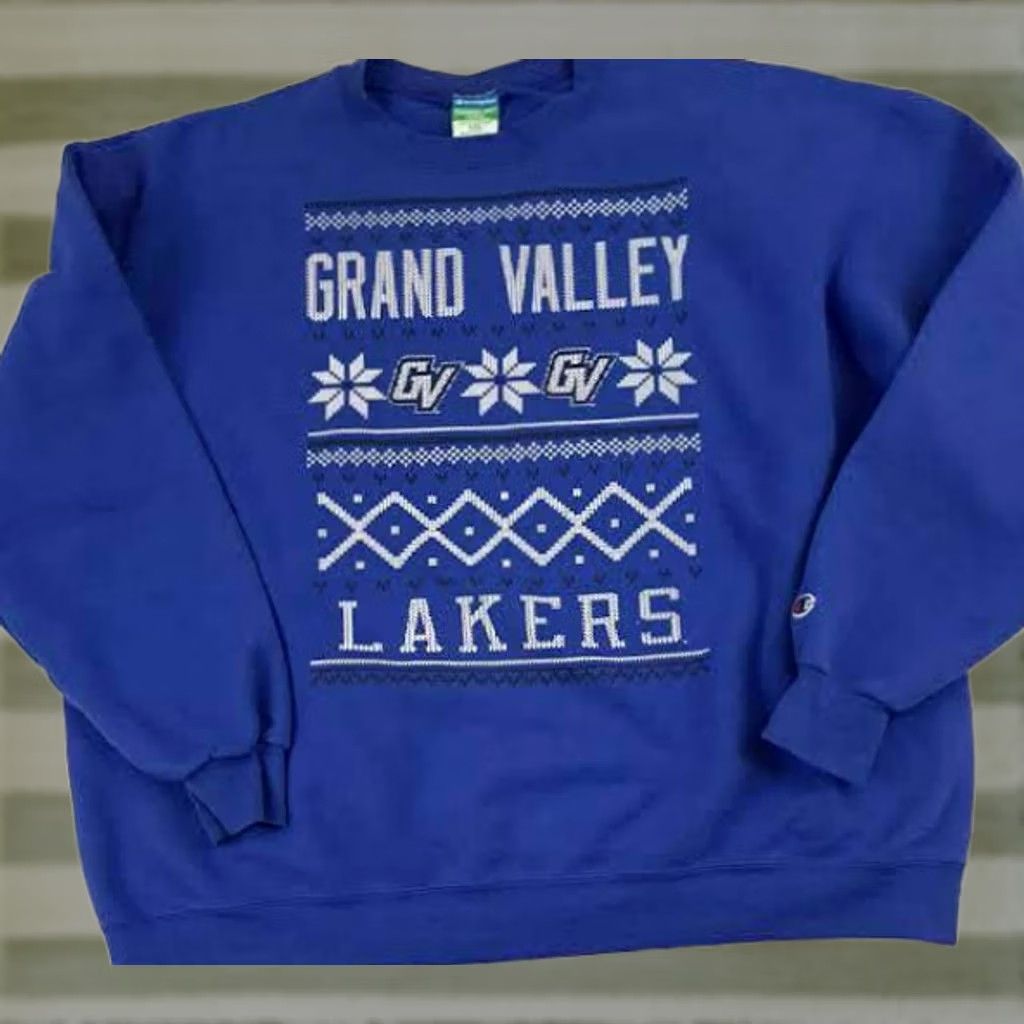 Champion VINTAGE Grand Valley Lakers Sweatshirt 2XL Champion Snowflake Sweatshirt Blue Mens Women Unisex Adults Cotton Eco Fleece Pullover 80s Theme Size US XXL / EU 58 / 5 - 1 Thumbnail